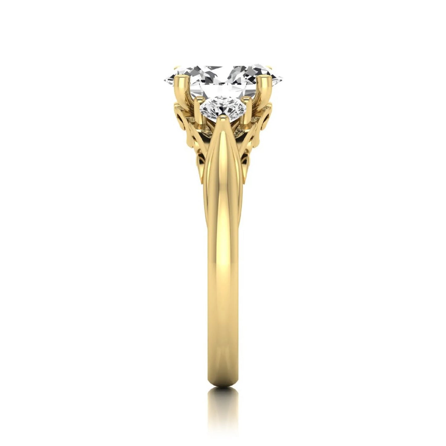 Oval cut lab grown diamond three stone engagement ring featuring a 1.86 carat IGI certified center diamond with round side diamonds in yellow gold.