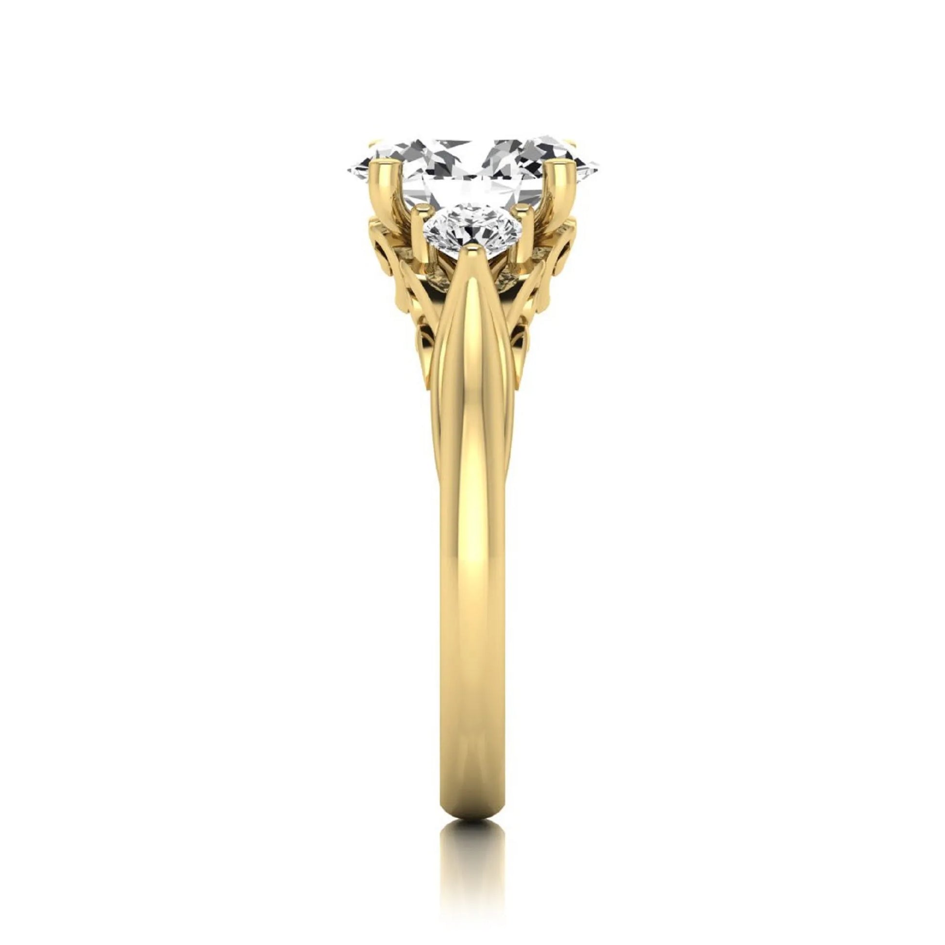 Oval cut lab grown diamond three stone engagement ring featuring a 1.86 carat IGI certified center diamond with round side diamonds in yellow gold.