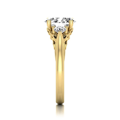 Oval cut lab grown diamond three stone engagement ring featuring a 1.86 carat IGI certified center diamond with round side diamonds in yellow gold.