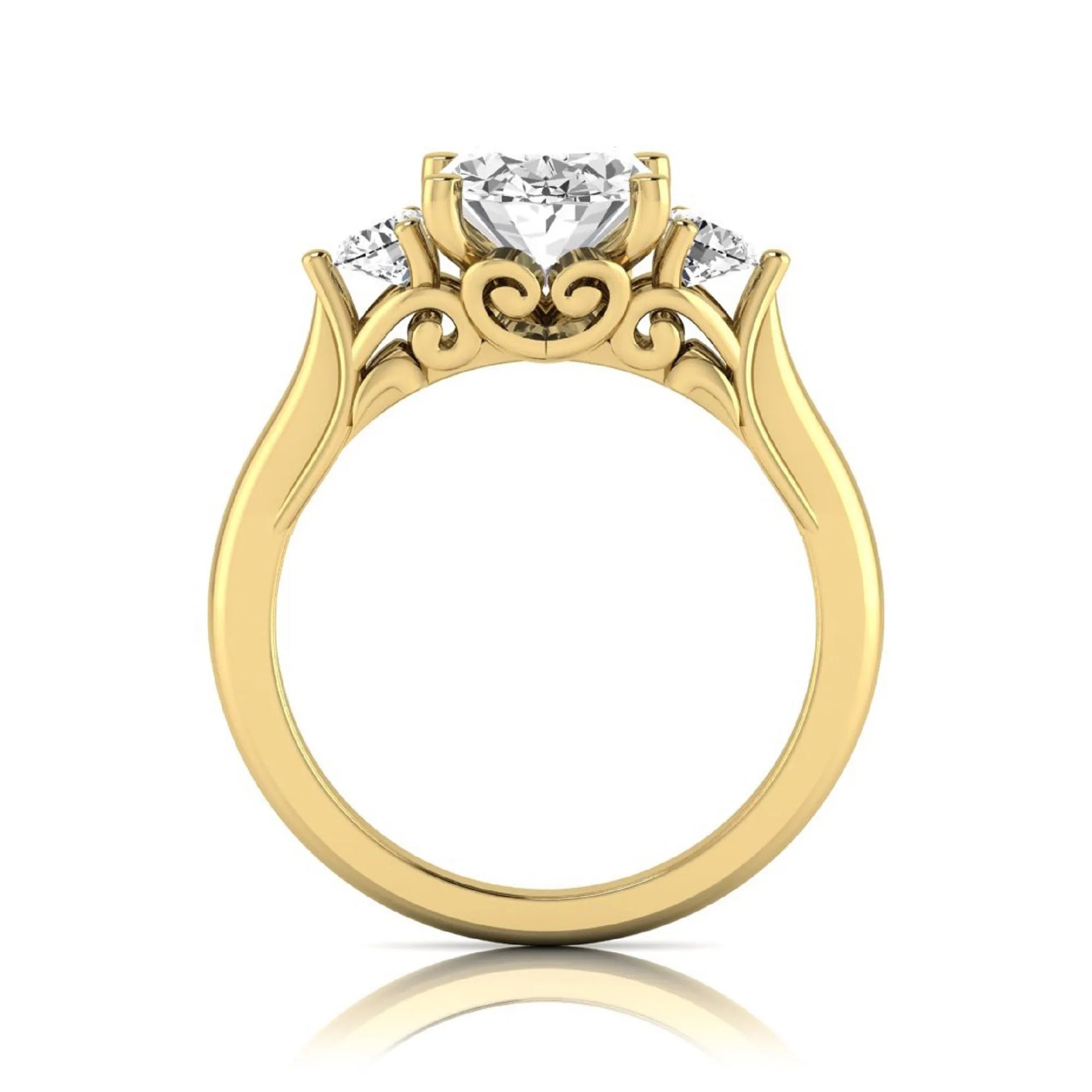 Oval cut lab grown diamond three stone engagement ring featuring a 1.86 carat IGI certified center diamond with round side diamonds in yellow gold.