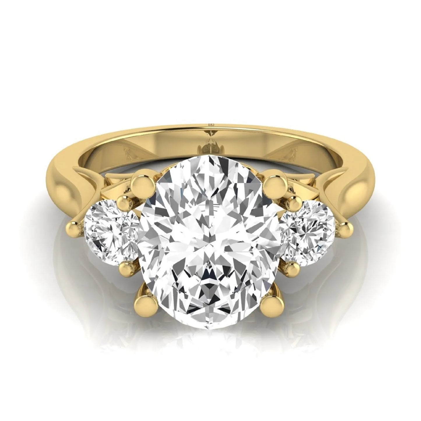 Oval cut lab grown diamond three stone engagement ring featuring a 1.86 carat IGI certified center diamond with round side diamonds in yellow gold.