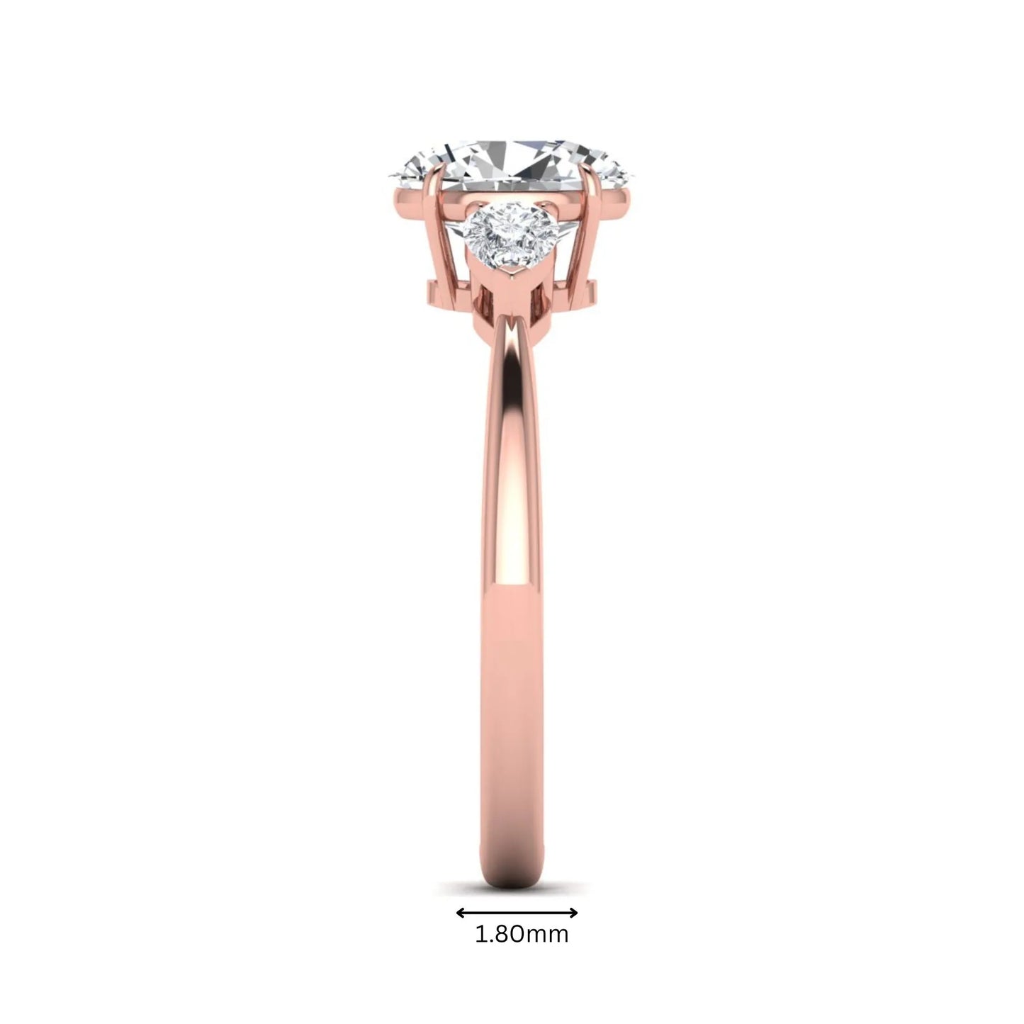 Oval cut lab grown diamond three stone engagement ring with pear cut side diamonds and prong setting in rose gold tone.