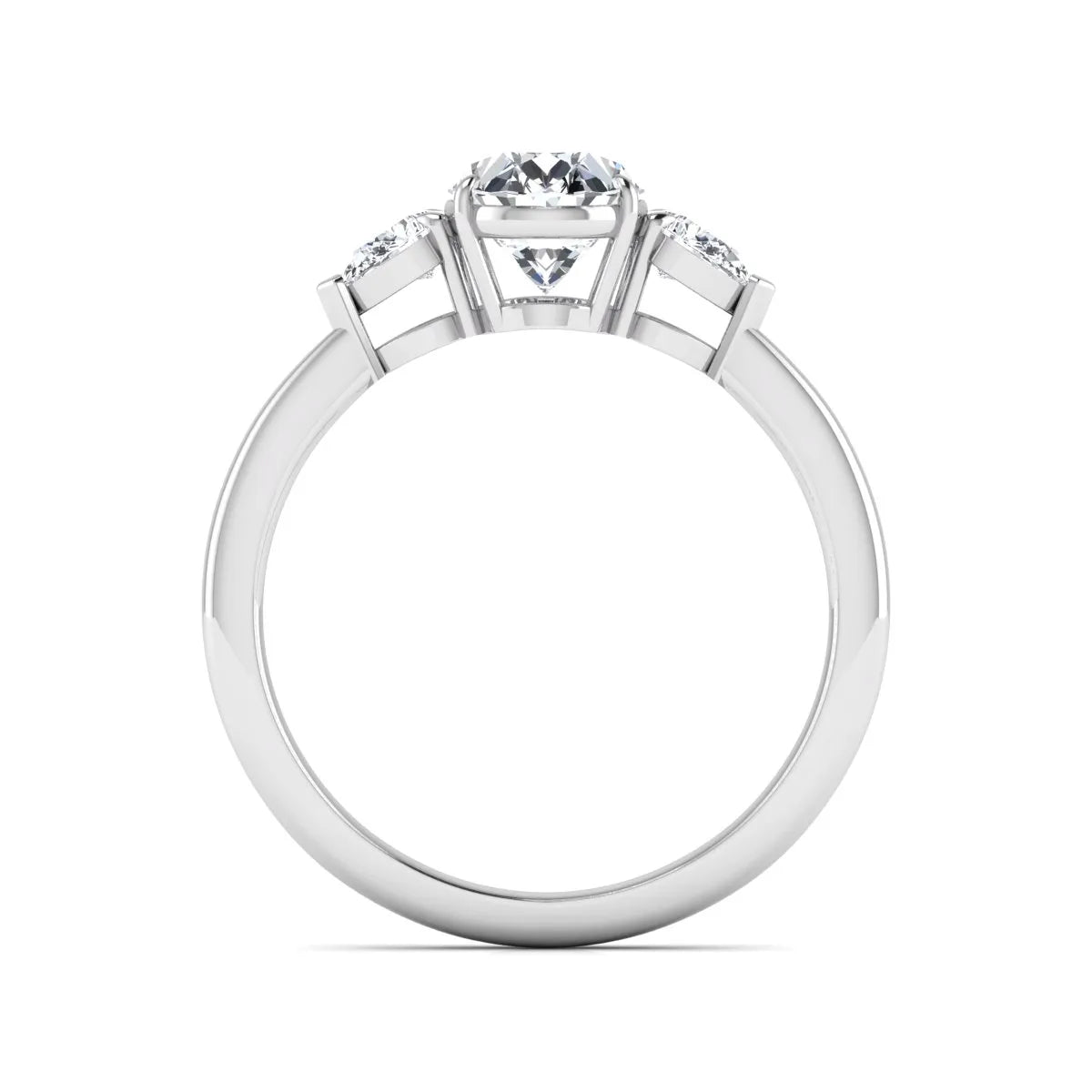 Oval cut lab grown diamond three stone engagement ring with pear cut side diamonds and prong setting in white gold tone.