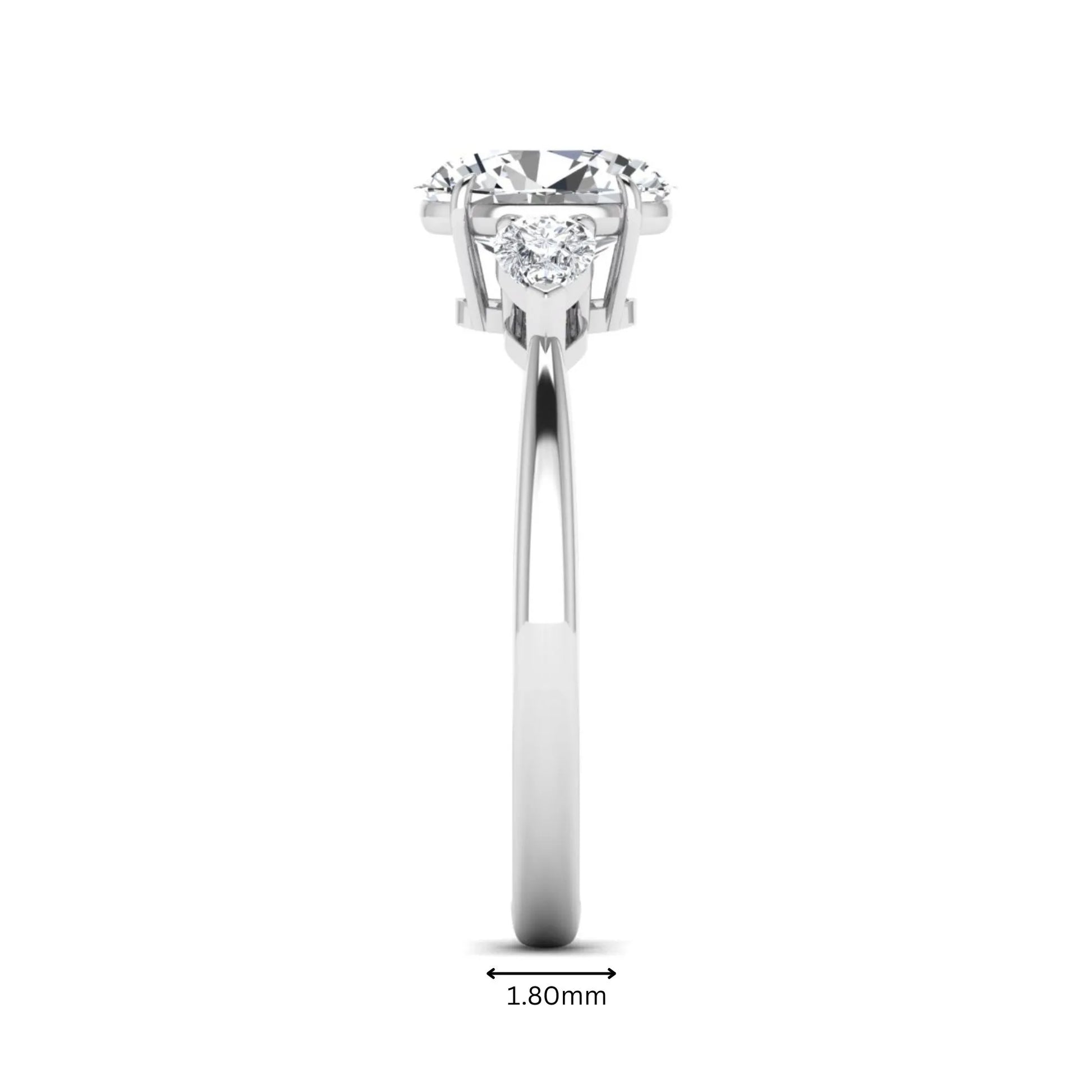 Oval cut lab grown diamond three stone engagement ring with pear cut side diamonds and prong setting in white gold tone.
