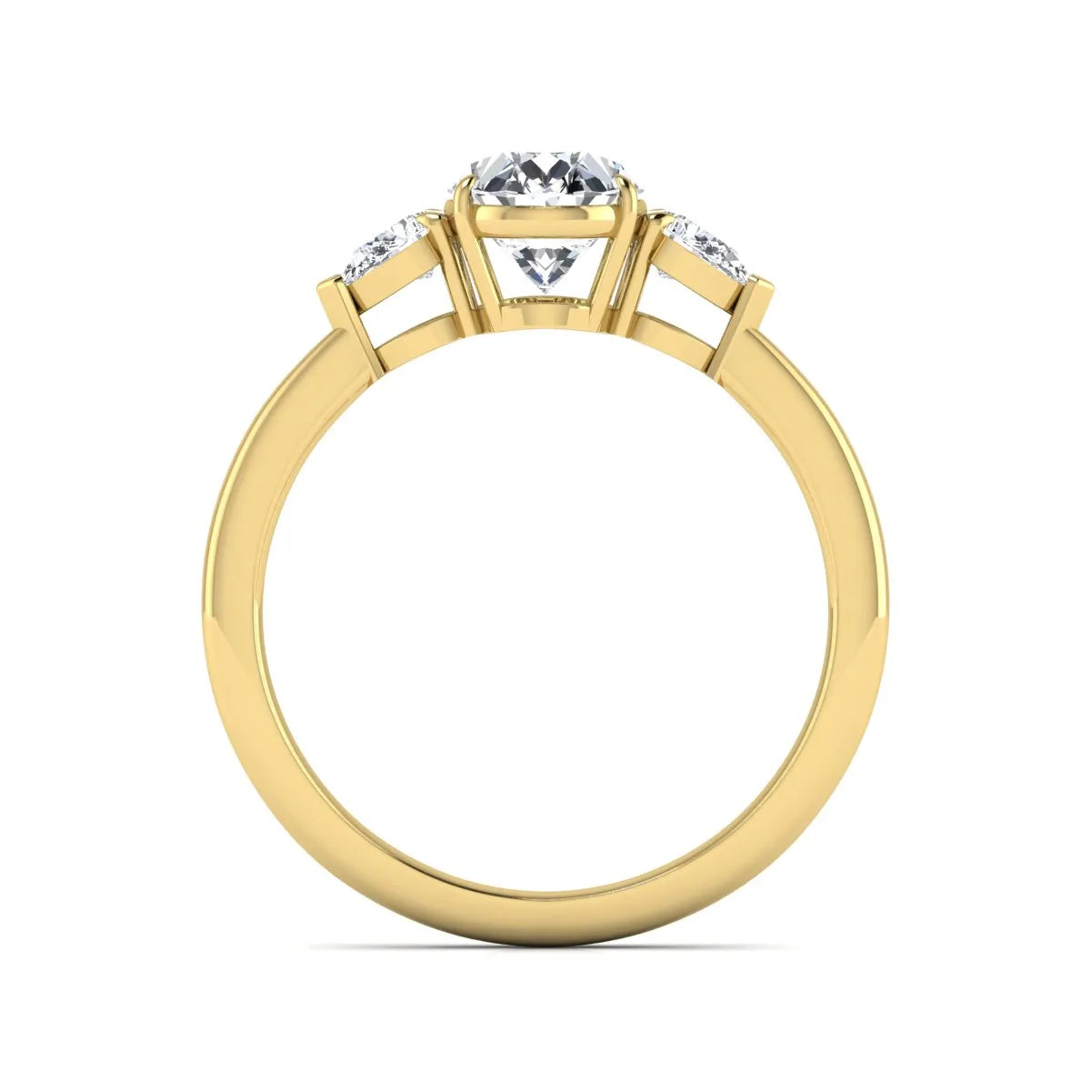 Oval cut lab grown diamond three stone engagement ring with pear cut side diamonds and prong setting in yellow gold tone.