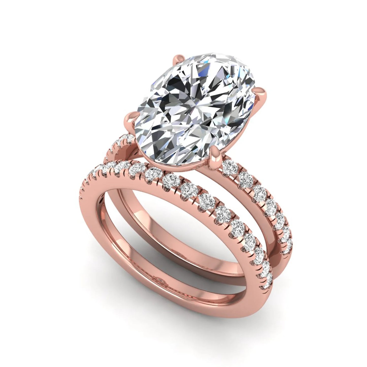 Oval Cut Pavé Solitaire Lab Grown Diamond Engagement Ring Set featuring a 3.92 carat IGI Certified oval diamond with a matching pavé diamond wedding band in rose gold.