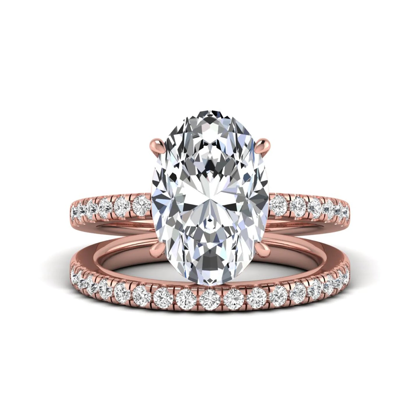 Oval Cut Pavé Solitaire Lab Grown Diamond Engagement Ring Set featuring a 3.92 carat IGI Certified oval diamond with a matching pavé diamond wedding band in rose gold.
