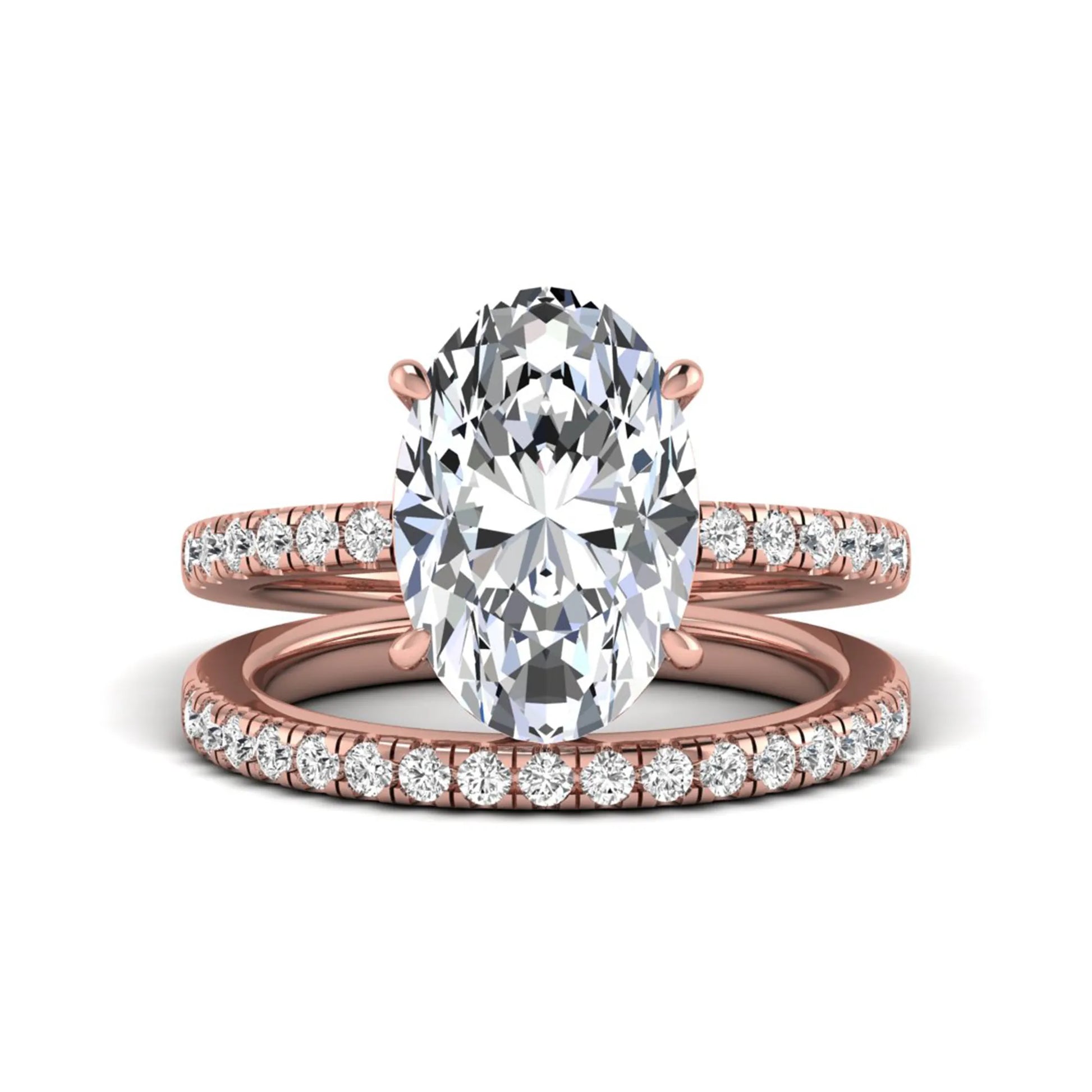 Oval Cut Pavé Solitaire Lab Grown Diamond Engagement Ring Set featuring a 3.92 carat IGI Certified oval diamond with a matching pavé diamond wedding band in rose gold.
