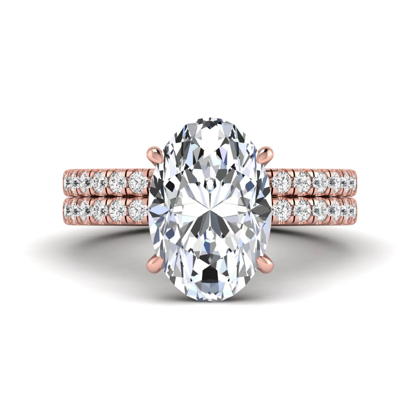 Oval Cut Pavé Solitaire Lab Grown Diamond Engagement Ring Set featuring a 3.92 carat IGI Certified oval diamond with a matching pavé diamond wedding band in rose gold.
