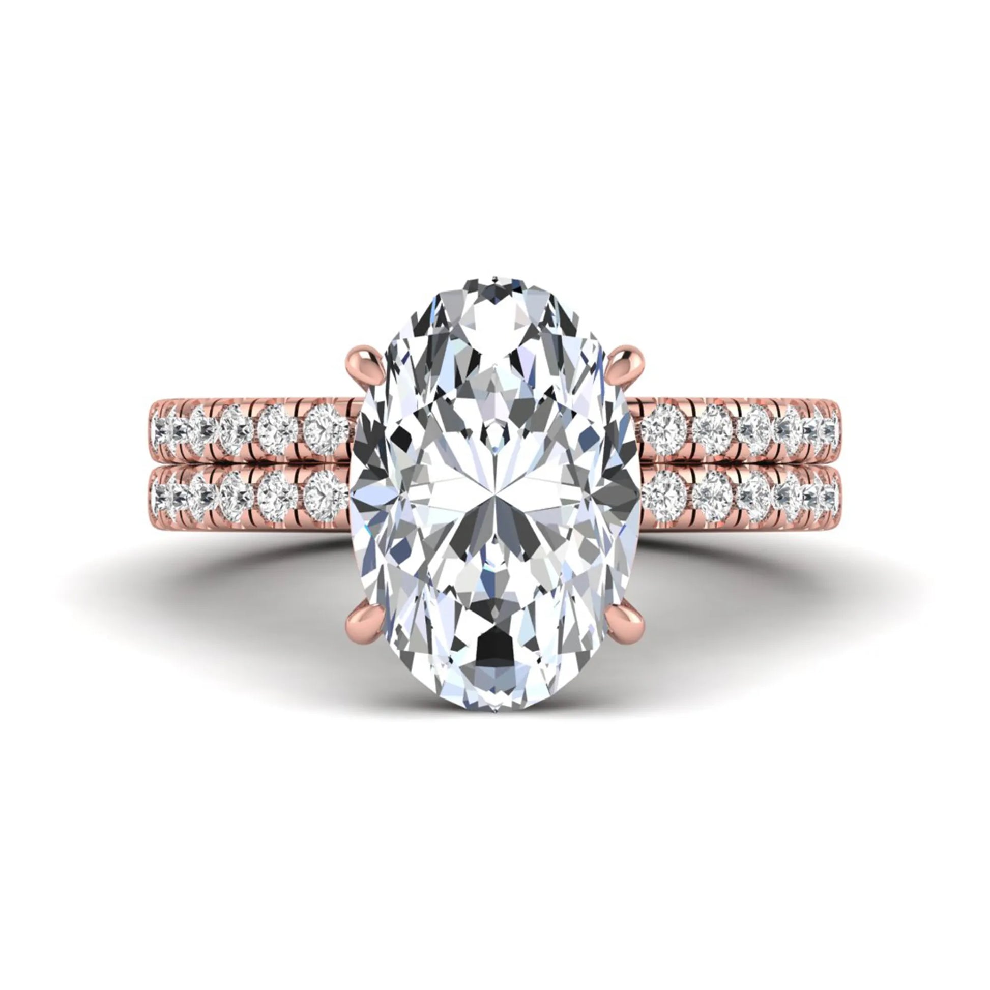 Oval Cut Pavé Solitaire Lab Grown Diamond Engagement Ring Set featuring a 3.92 carat IGI Certified oval diamond with a matching pavé diamond wedding band in rose gold.