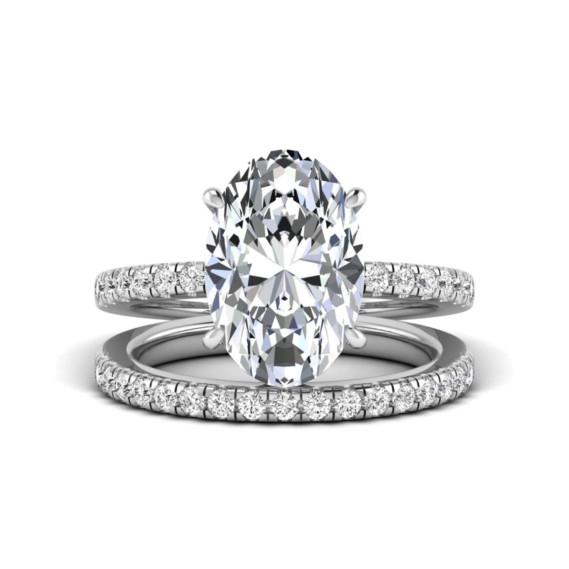 Oval Cut Pavé Solitaire Lab Grown Diamond Engagement Ring Set featuring a 3.92 carat IGI Certified oval diamond with a matching pavé diamond wedding band in white gold.