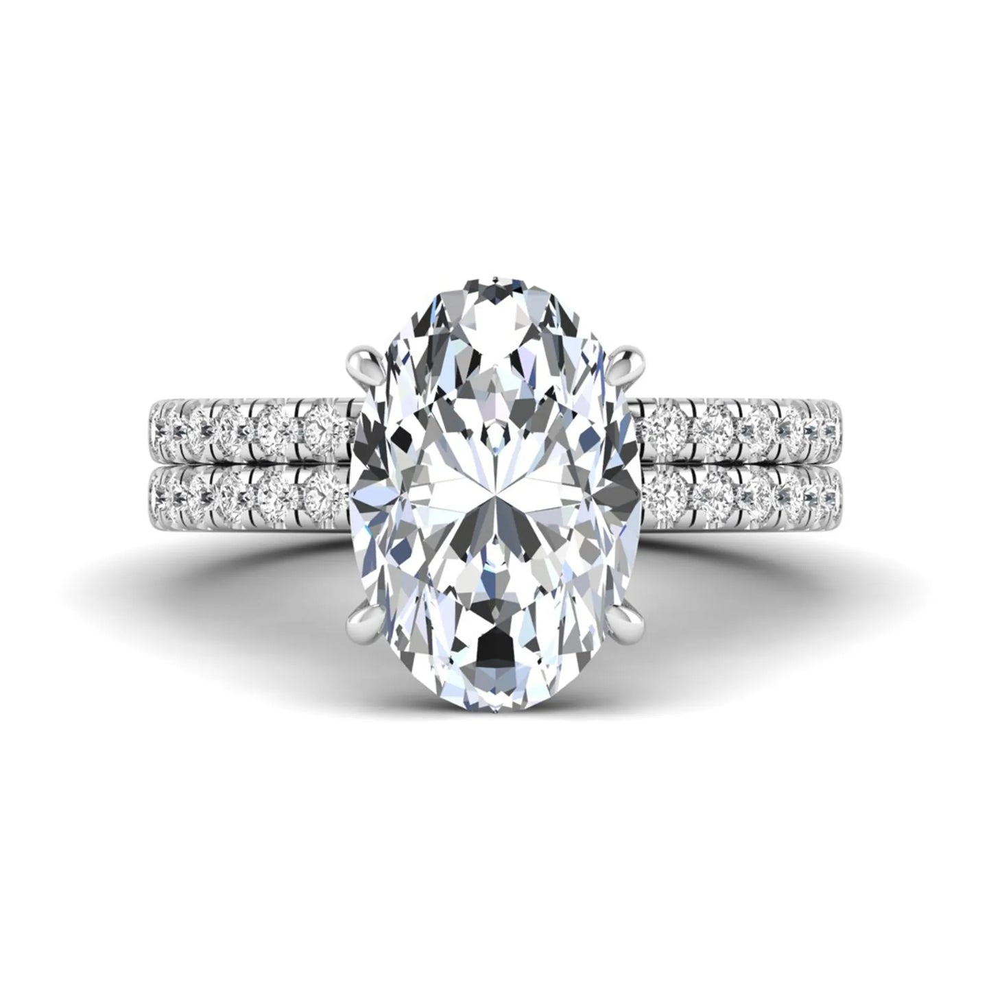 Oval Cut Pavé Solitaire Lab Grown Diamond Engagement Ring Set featuring a 3.92 carat IGI Certified oval diamond with a matching pavé diamond wedding band in white gold.
