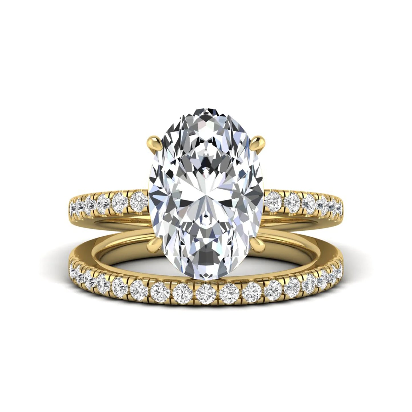 Oval Cut Pavé Solitaire Lab Grown Diamond Engagement Ring Set featuring a 3.92 carat IGI Certified oval diamond with a matching pavé diamond wedding band in yellow gold.