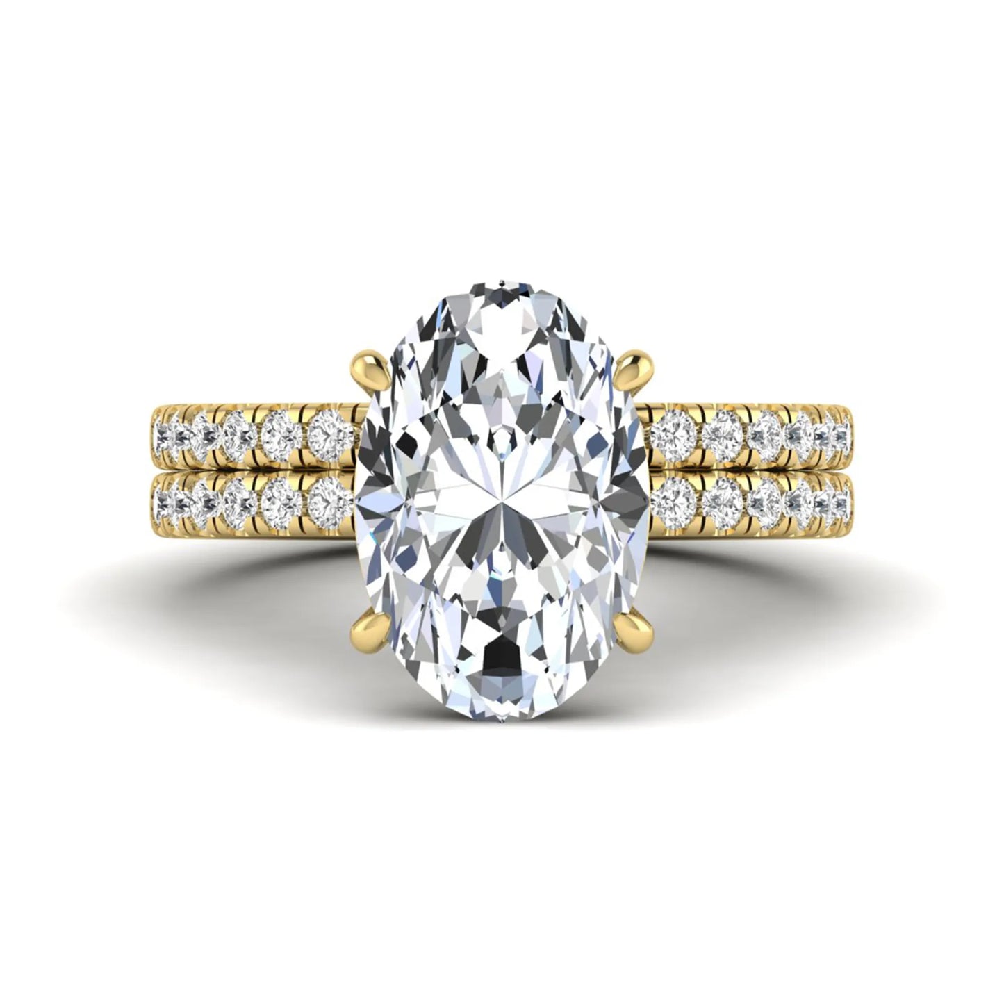 Oval Cut Pavé Solitaire Lab Grown Diamond Engagement Ring Set featuring a 3.92 carat IGI Certified oval diamond with a matching pavé diamond wedding band in yellow gold.