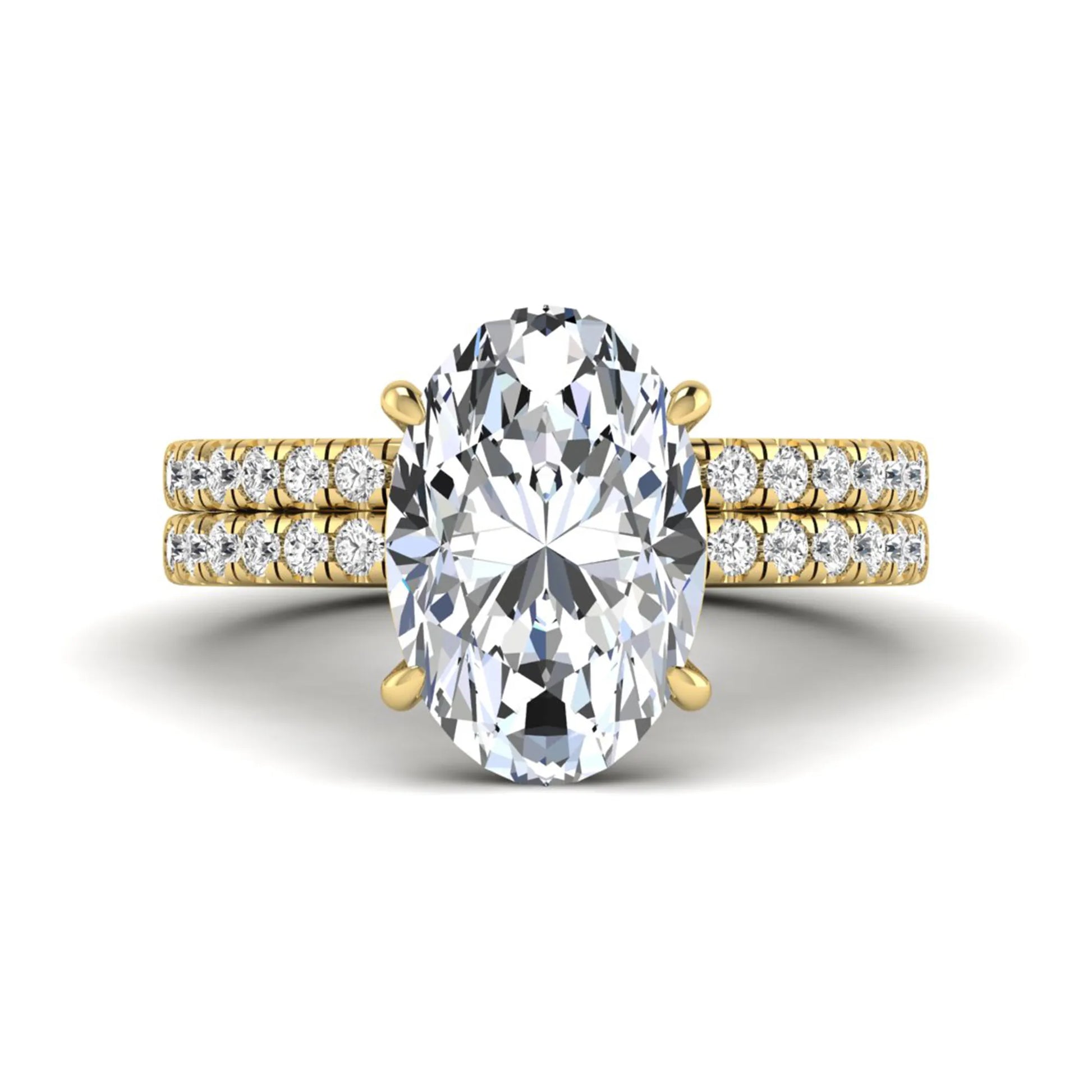 Oval Cut Pavé Solitaire Lab Grown Diamond Engagement Ring Set featuring a 3.92 carat IGI Certified oval diamond with a matching pavé diamond wedding band in yellow gold.