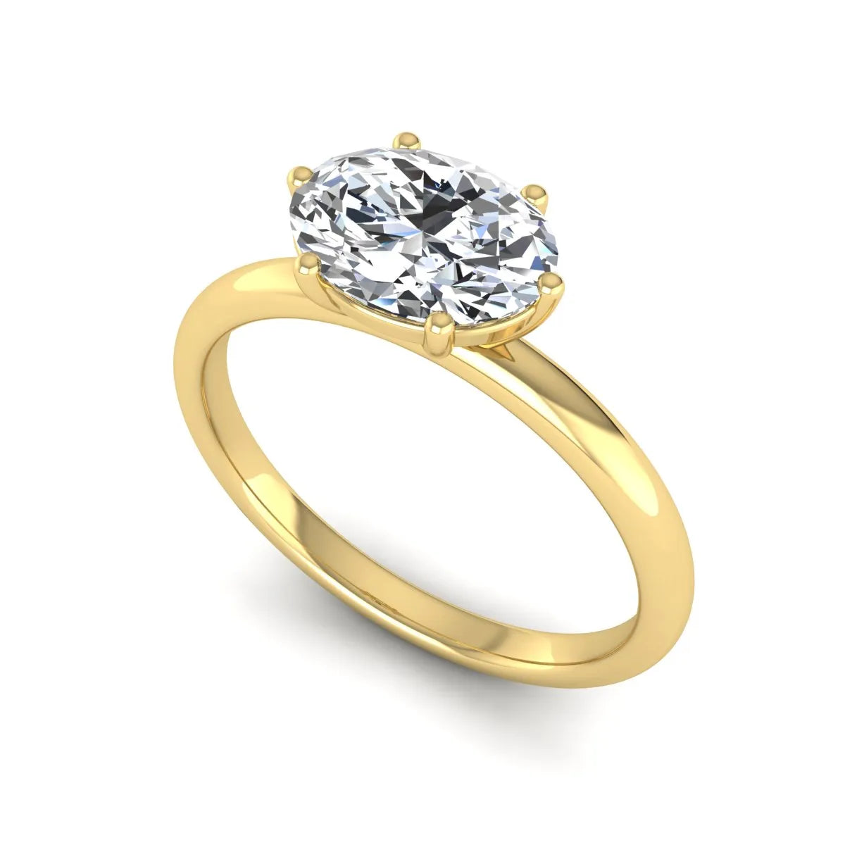 Oval cut solitaire lab grown diamond engagement ring featuring a 1.21 carat IGI certified oval cut center diamond in yellow gold.