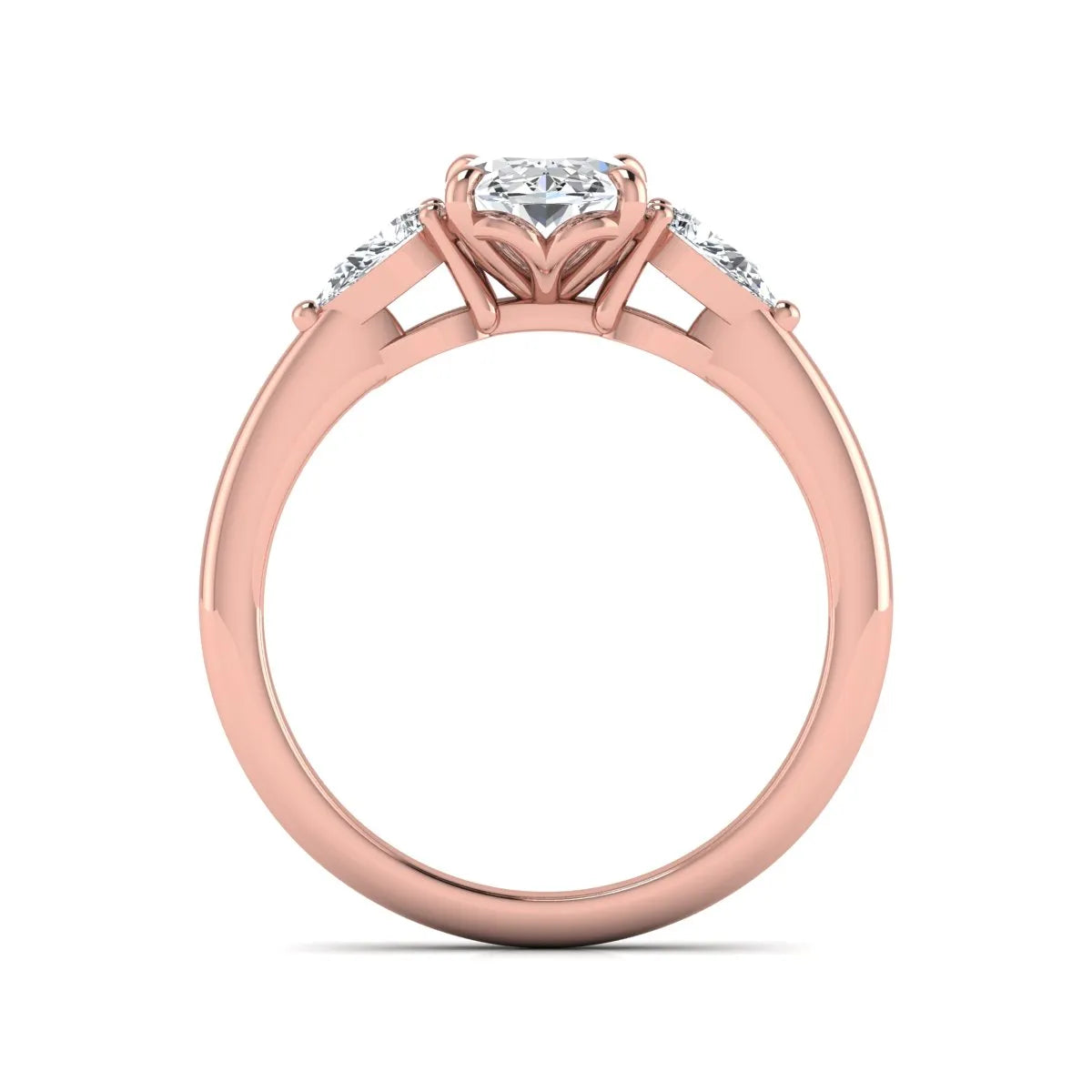 Oval cut three stone lab grown diamond engagement ring in rose gold featuring a 1.31 carat IGI certified center diamond with pear cut side diamonds.