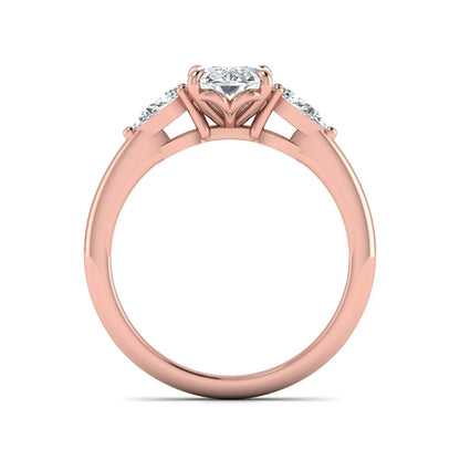 Oval cut three stone lab grown diamond engagement ring in rose gold featuring a 1.31 carat IGI certified center diamond with pear cut side diamonds.