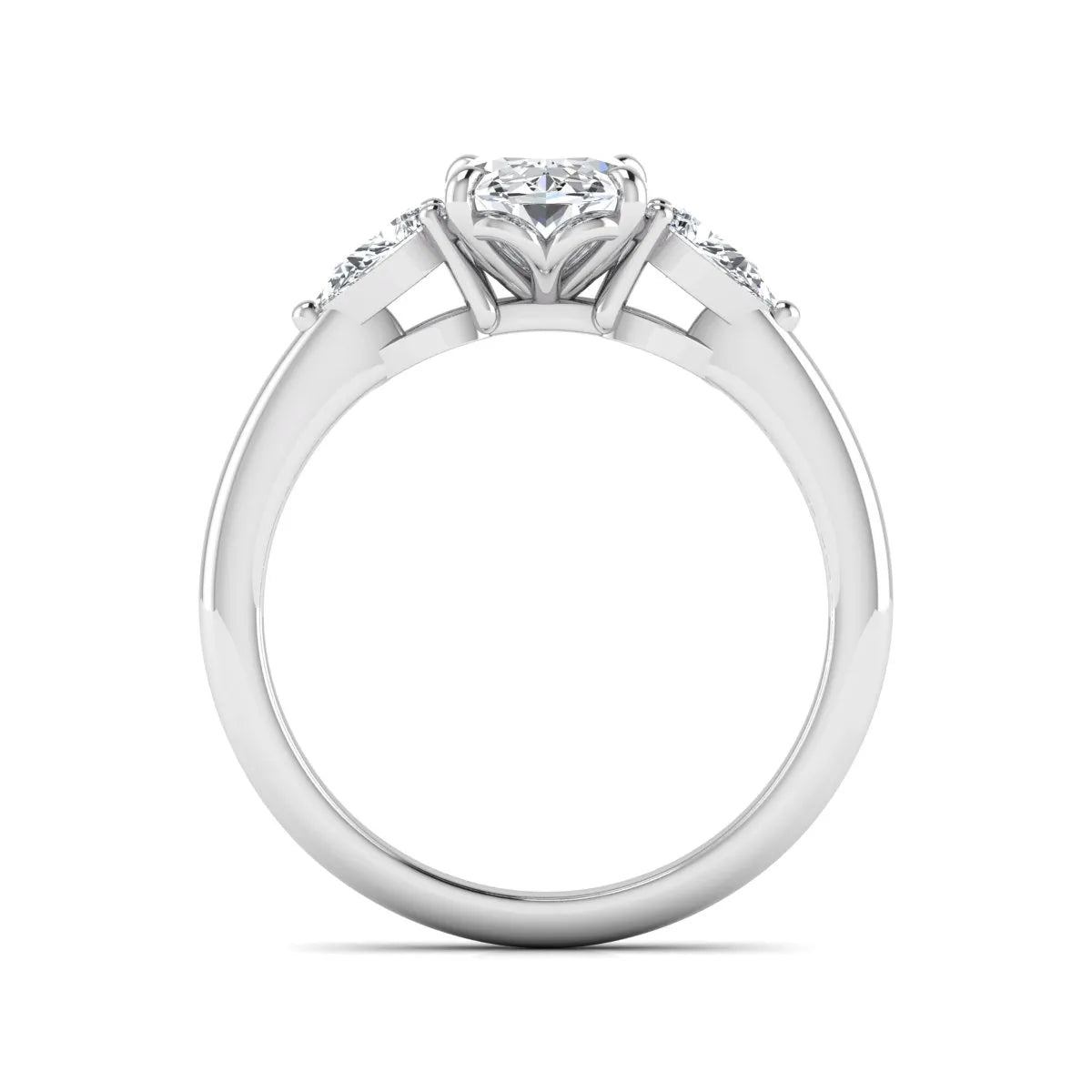 Oval cut three stone lab grown diamond engagement ring in white gold featuring a 1.31 carat IGI certified center diamond with pear cut side diamonds.