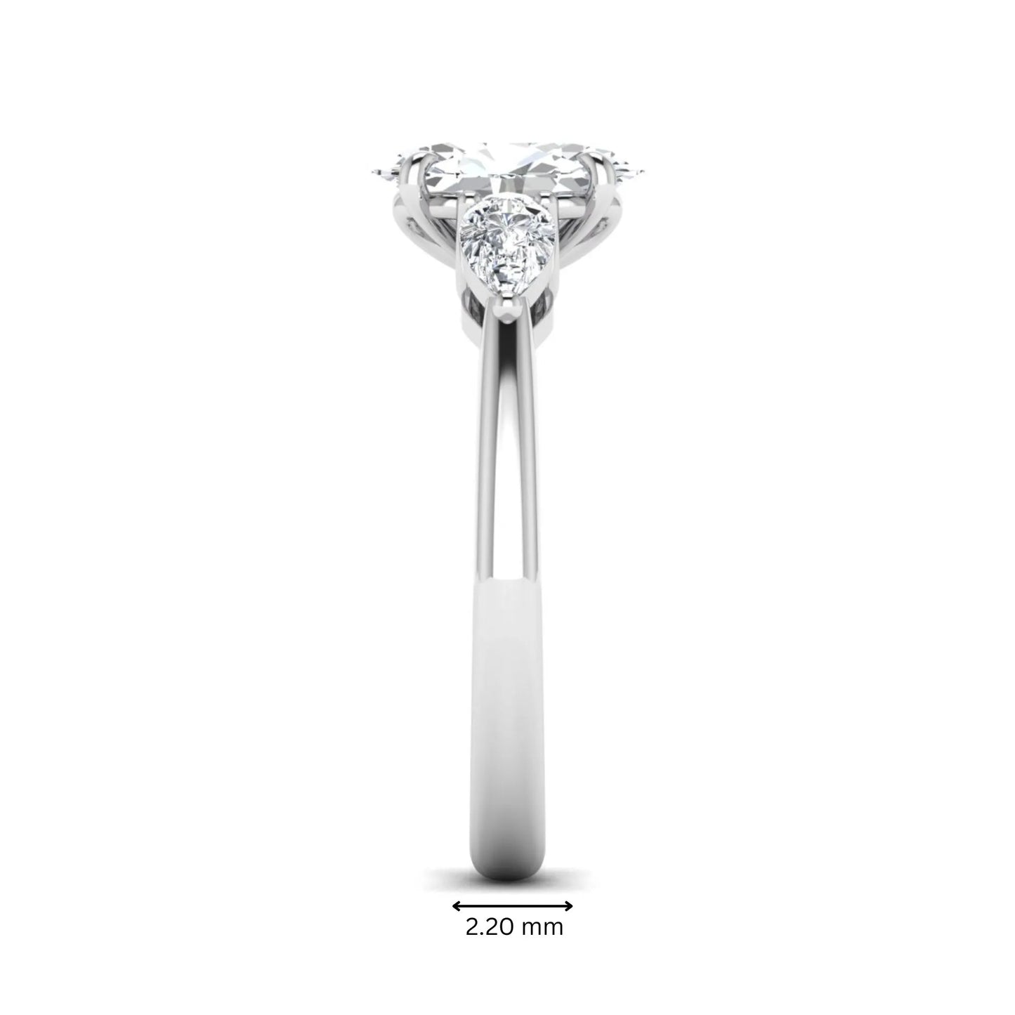 Oval cut three stone lab grown diamond engagement ring in white gold featuring a 1.31 carat IGI certified center diamond with pear cut side diamonds.