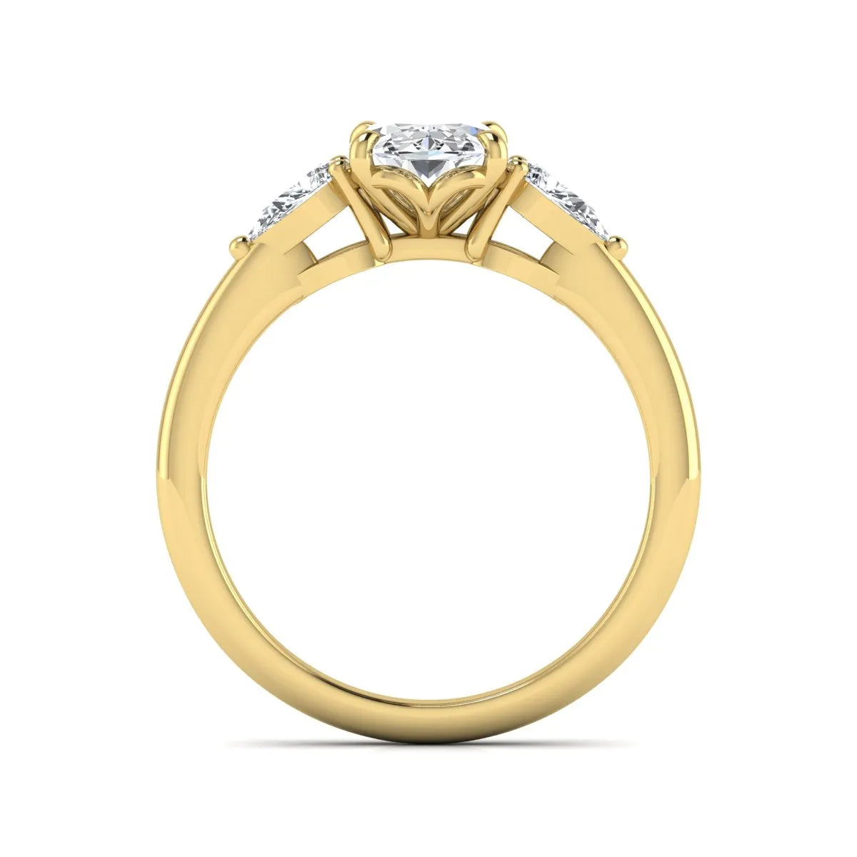 Oval cut three stone lab grown diamond engagement ring in yellow gold featuring a 1.31 carat IGI certified center diamond with pear cut side diamonds.