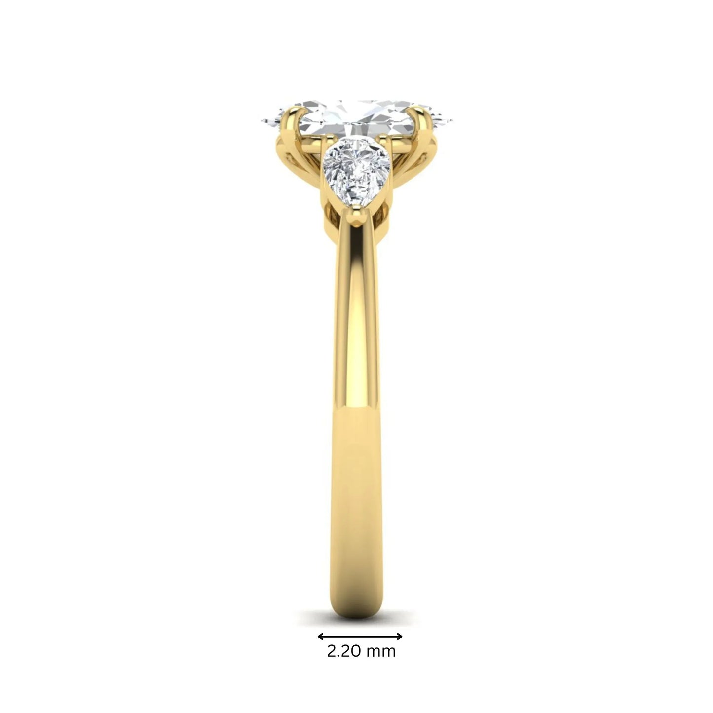 Oval cut three stone lab grown diamond engagement ring in yellow gold featuring a 1.31 carat IGI certified center diamond with pear cut side diamonds.