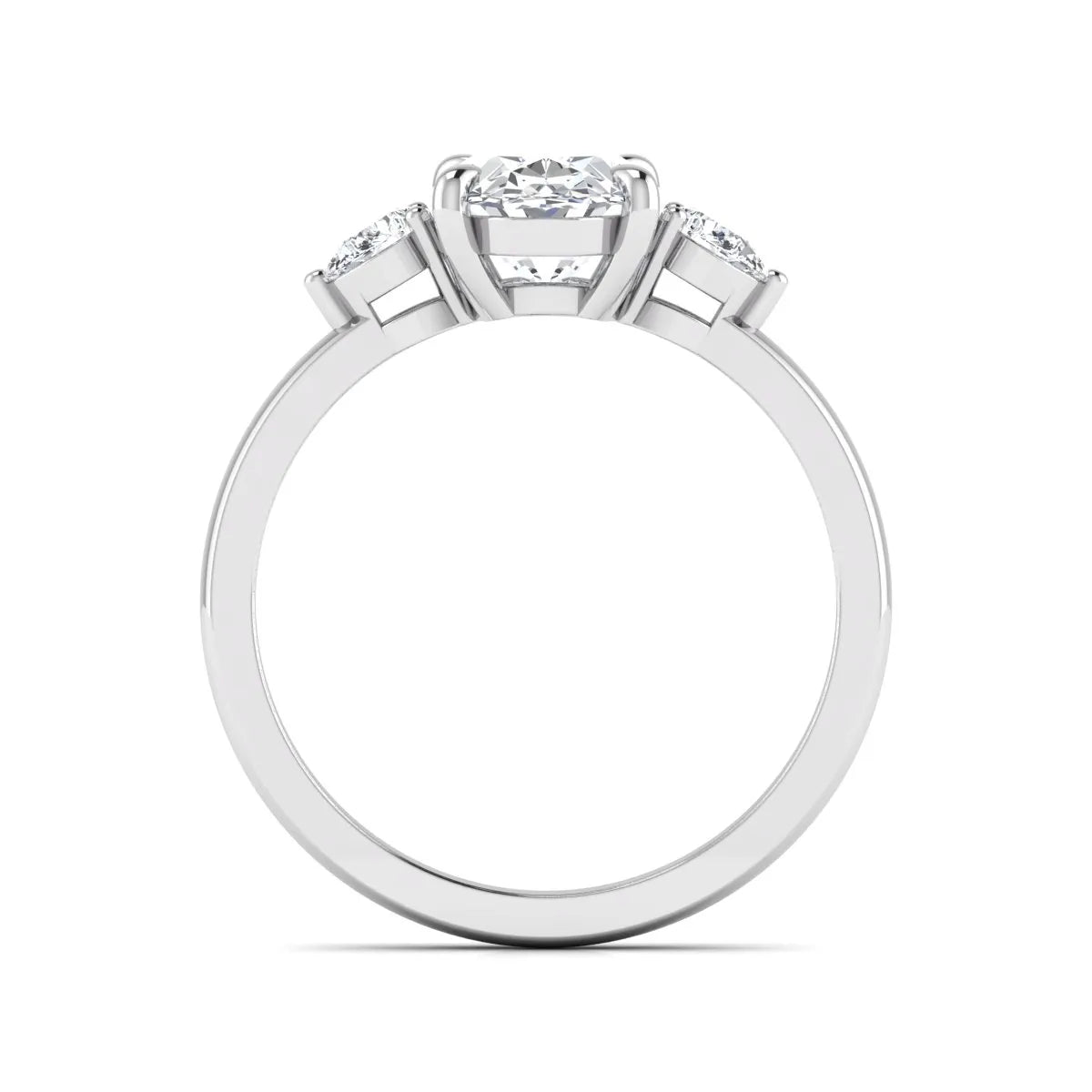 Oval cut lab grown diamond three stone engagement ring with pear side diamonds in white gold.