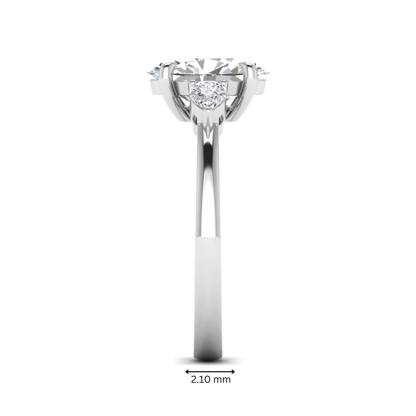 Oval cut lab grown diamond three stone engagement ring with pear side diamonds in white gold.