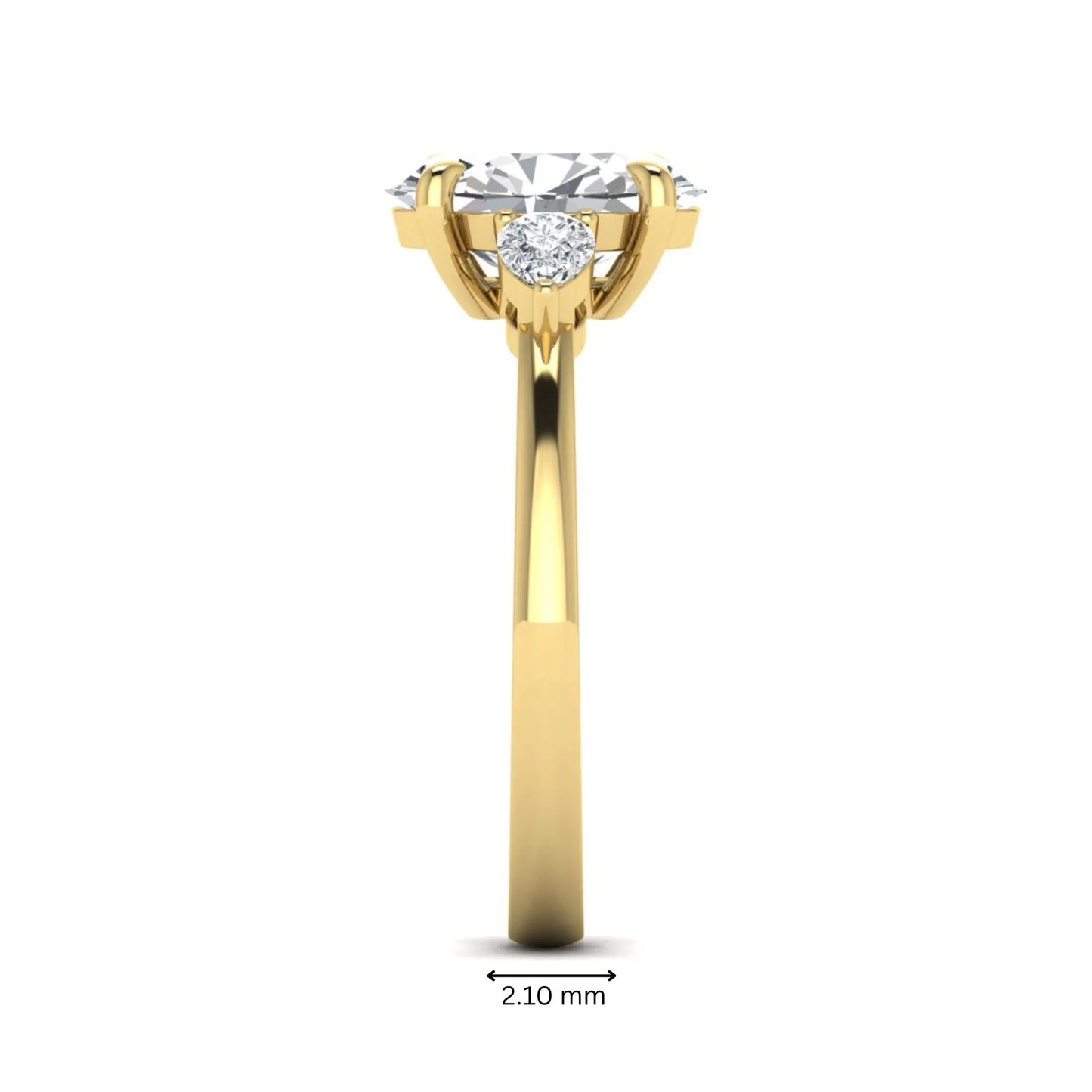 Oval cut lab grown diamond three stone engagement ring with pear side diamonds in yellow gold.