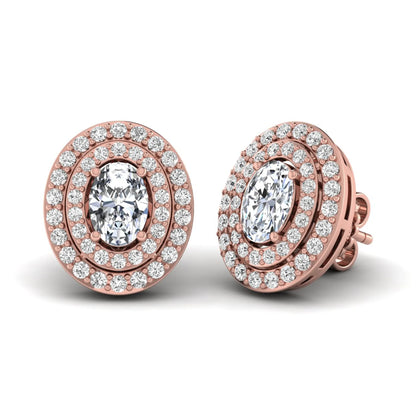 Oval cut lab grown diamond stud earrings featuring a double halo of round cut diamonds, prong setting, push back closure, and rose gold tone design.