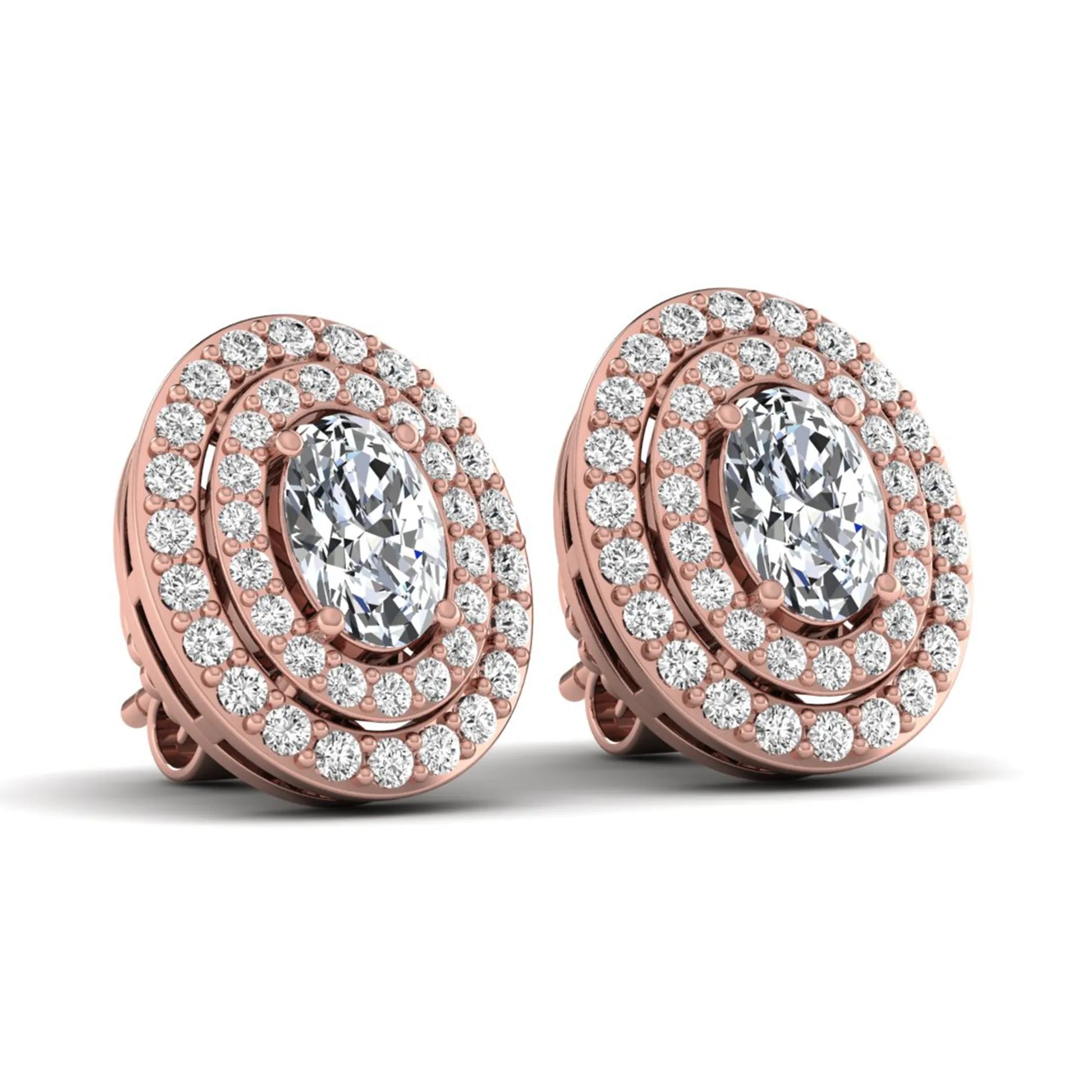 Oval cut lab grown diamond stud earrings featuring a double halo of round cut diamonds, prong setting, push back closure, and rose gold tone design.
