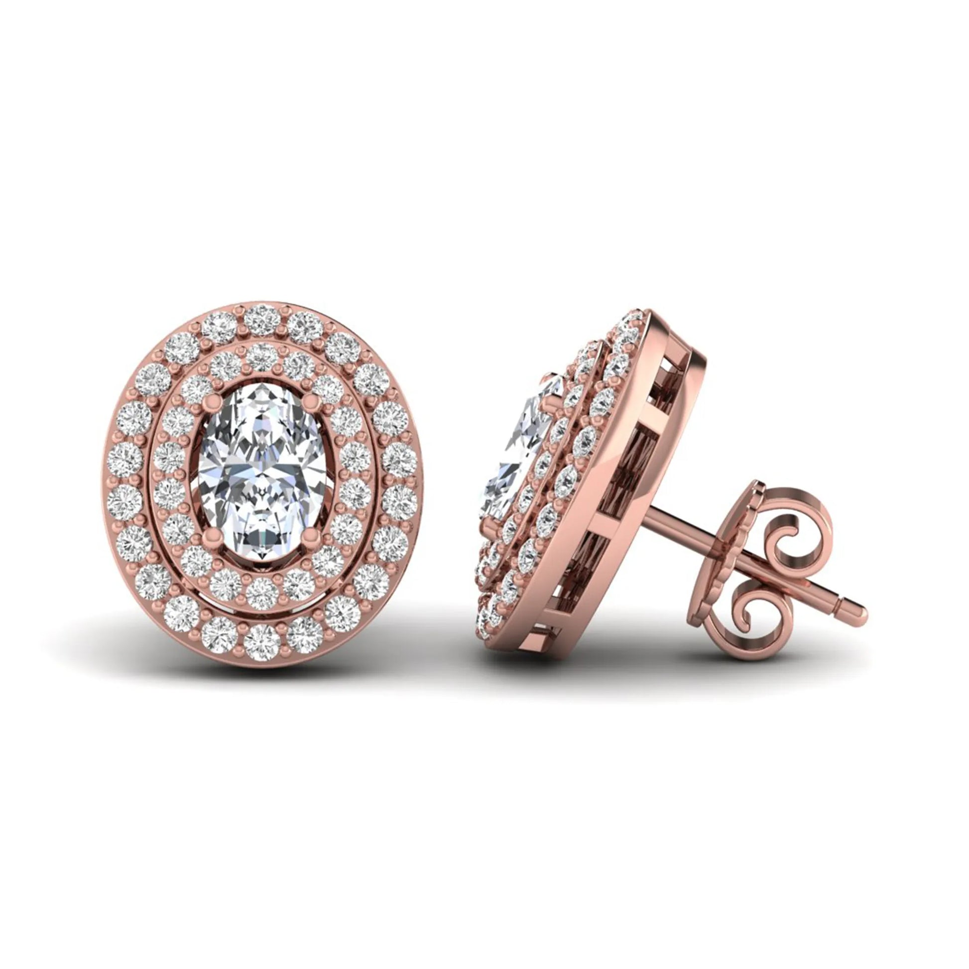 Oval cut lab grown diamond stud earrings featuring a double halo of round cut diamonds, prong setting, push back closure, and rose gold tone design.