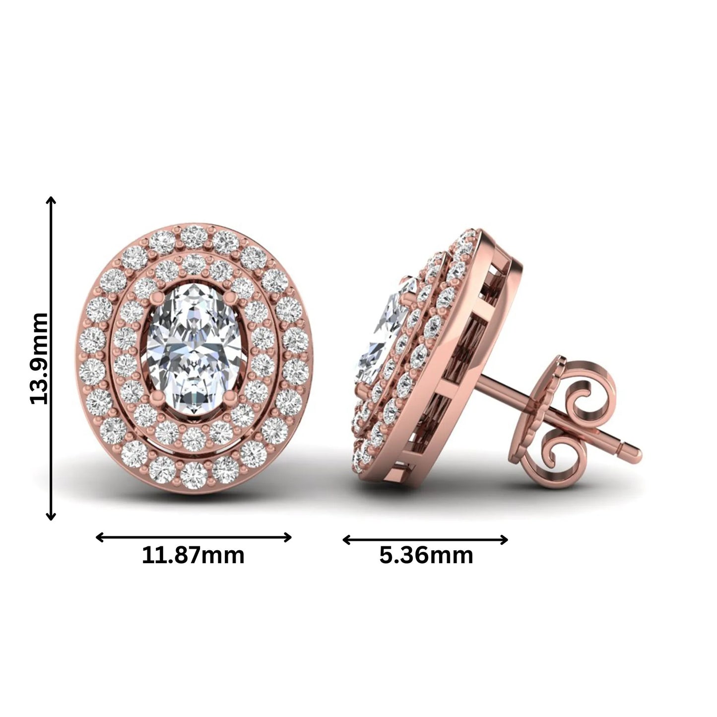 Oval cut lab grown diamond stud earrings featuring a double halo of round cut diamonds, prong setting, push back closure, and rose gold tone design.