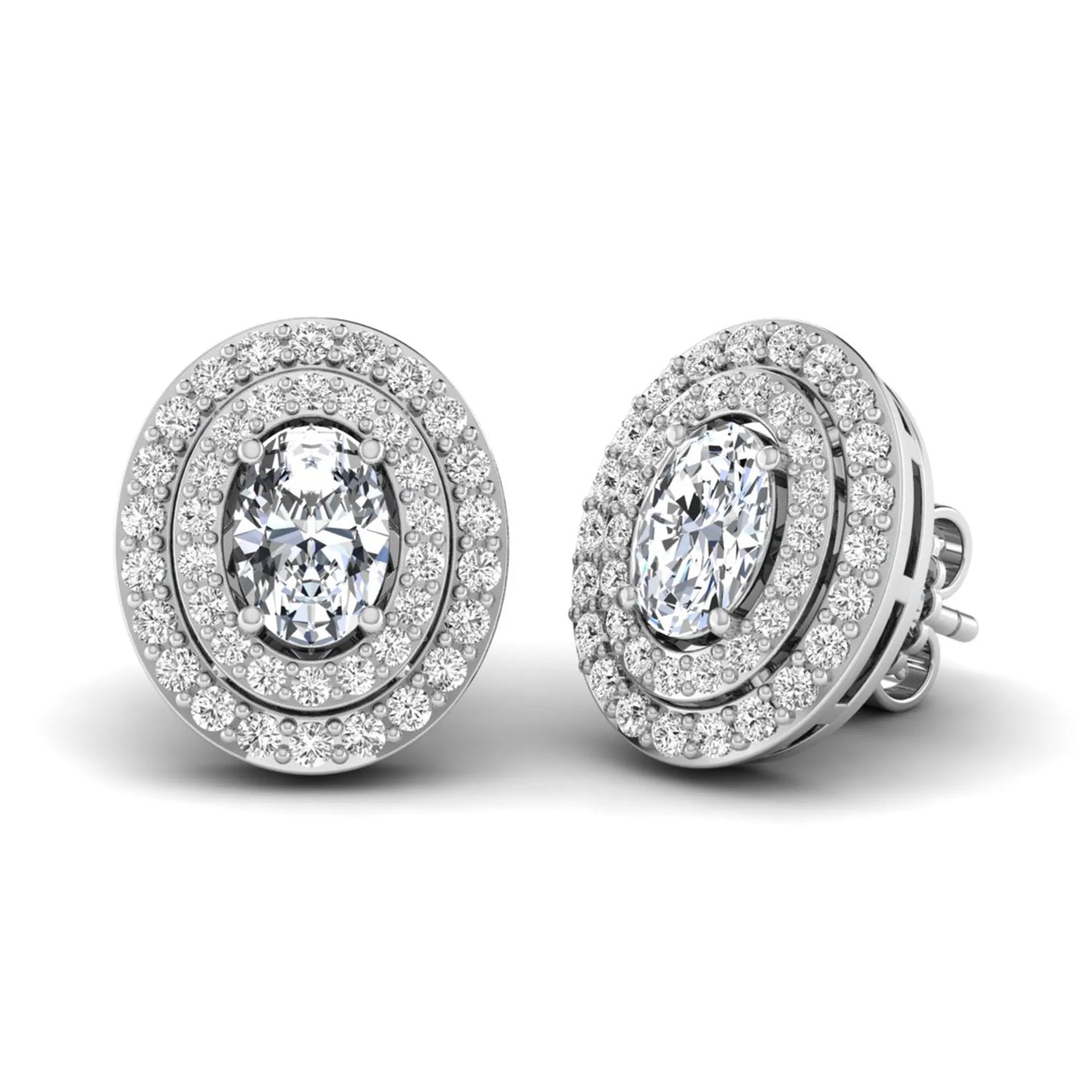 Oval cut lab grown diamond stud earrings featuring a double halo of round cut diamonds, prong setting, push back closure, and white gold tone design.