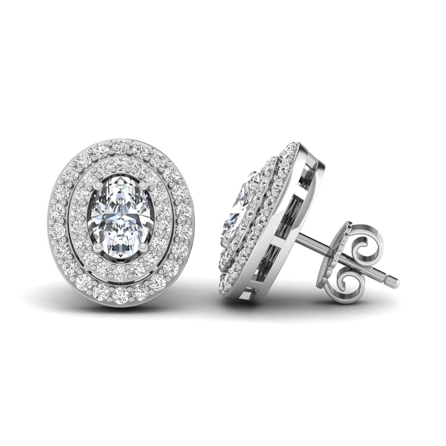 Oval cut lab grown diamond stud earrings featuring a double halo of round cut diamonds, prong setting, push back closure, and white gold tone design.