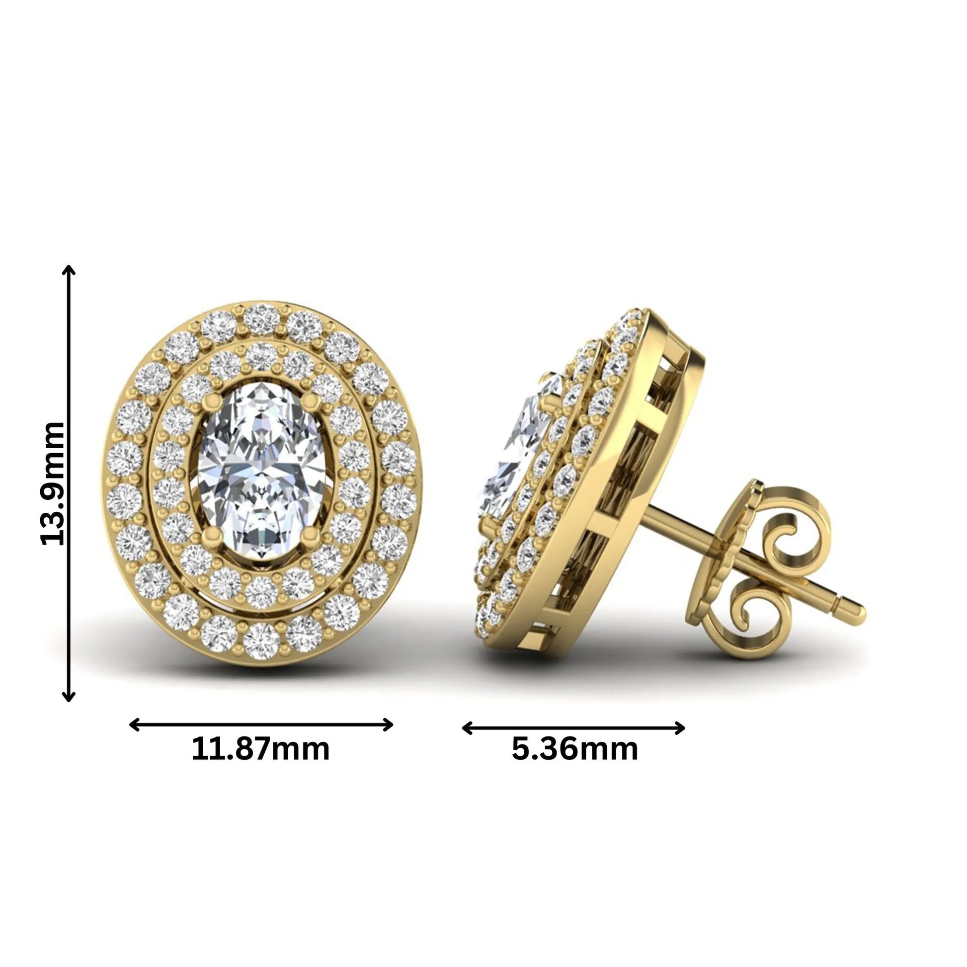 Oval cut lab grown diamond stud earrings featuring a double halo of round cut diamonds, prong setting, push back closure, and yellow gold tone design.