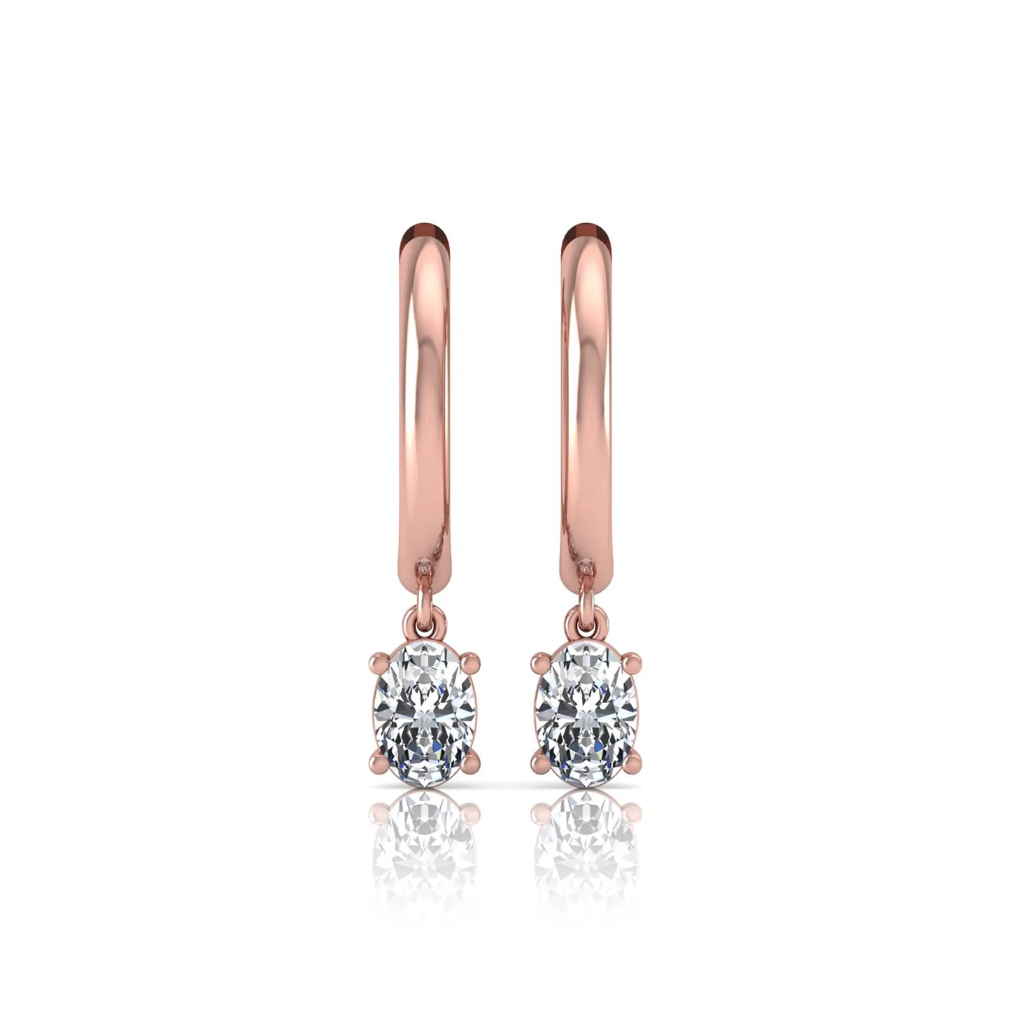 Oval cut lab grown diamond drop huggie hoop earrings featuring a four prong drop setting, hinged snap closure, and polished rose gold tone finish.