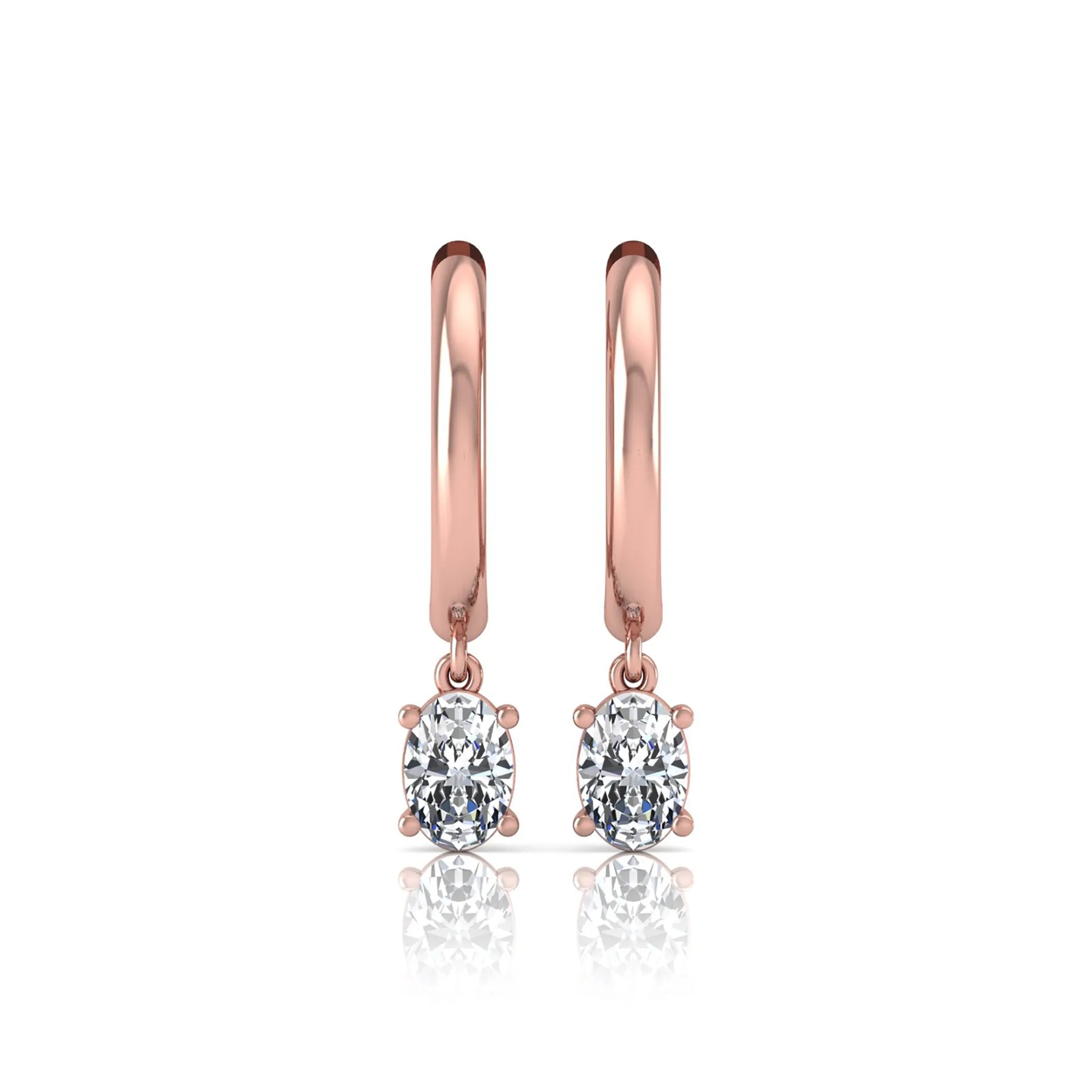Oval cut lab grown diamond drop huggie hoop earrings featuring a four prong drop setting, hinged snap closure, and polished rose gold tone finish.