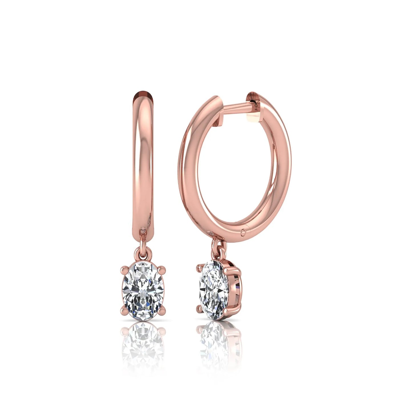 Oval cut lab grown diamond drop huggie hoop earrings featuring a four prong drop setting, hinged snap closure, and polished rose gold tone finish.