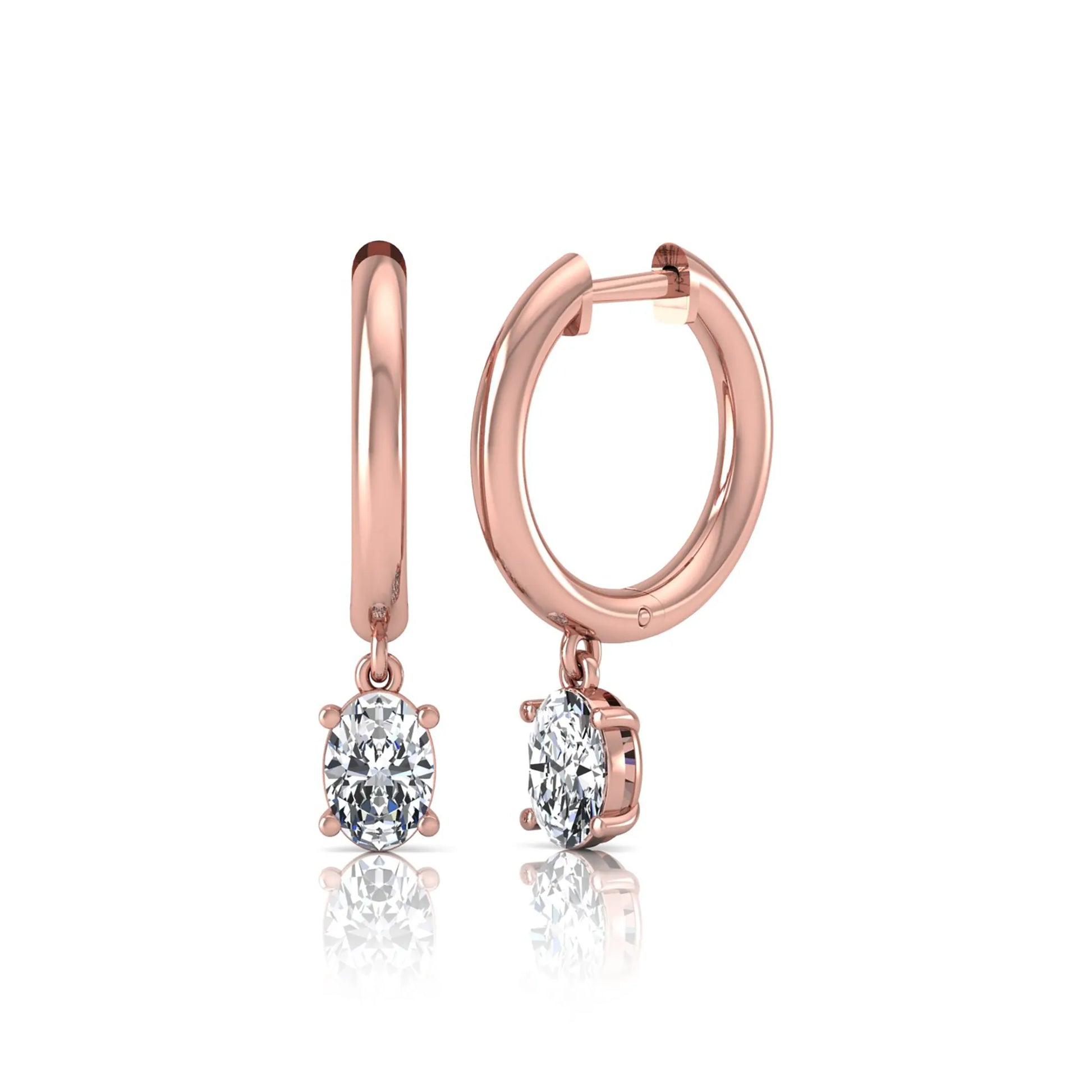 Oval cut lab grown diamond drop huggie hoop earrings featuring a four prong drop setting, hinged snap closure, and polished rose gold tone finish.