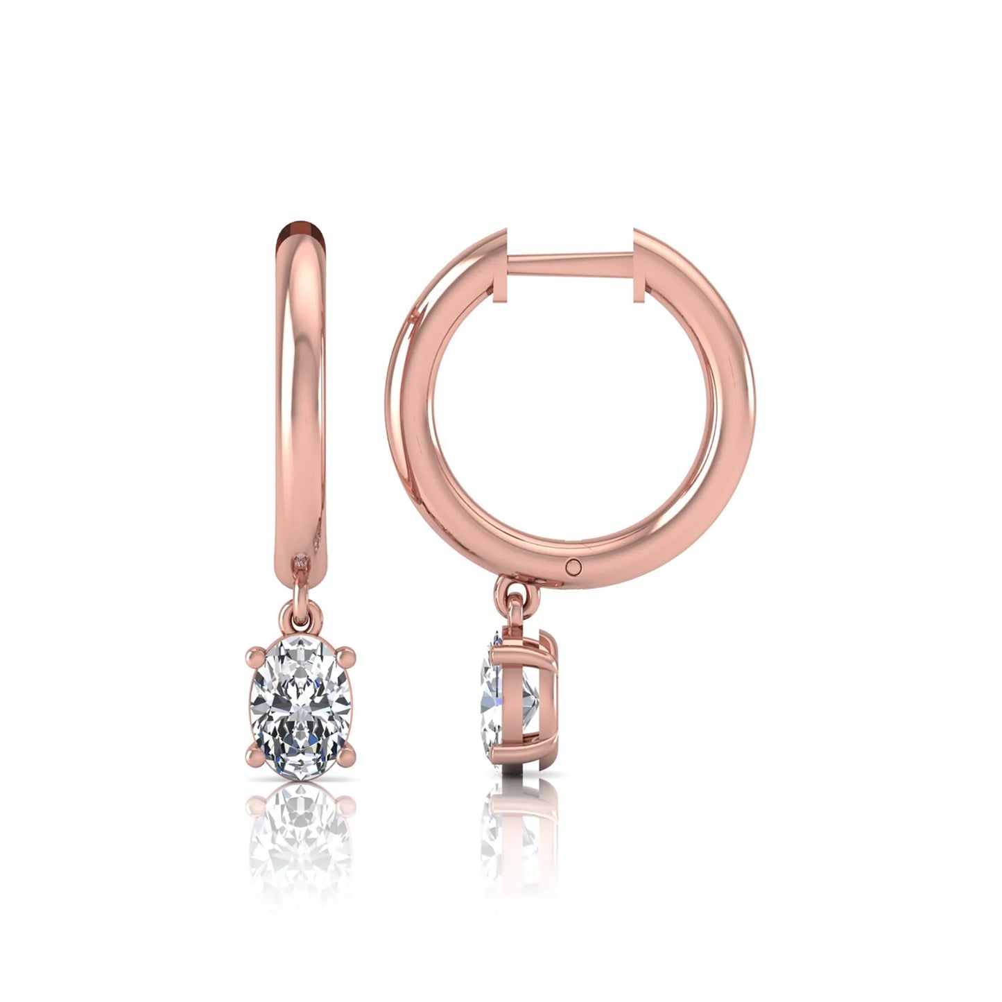 Oval cut lab grown diamond drop huggie hoop earrings featuring a four prong drop setting, hinged snap closure, and polished rose gold tone finish.