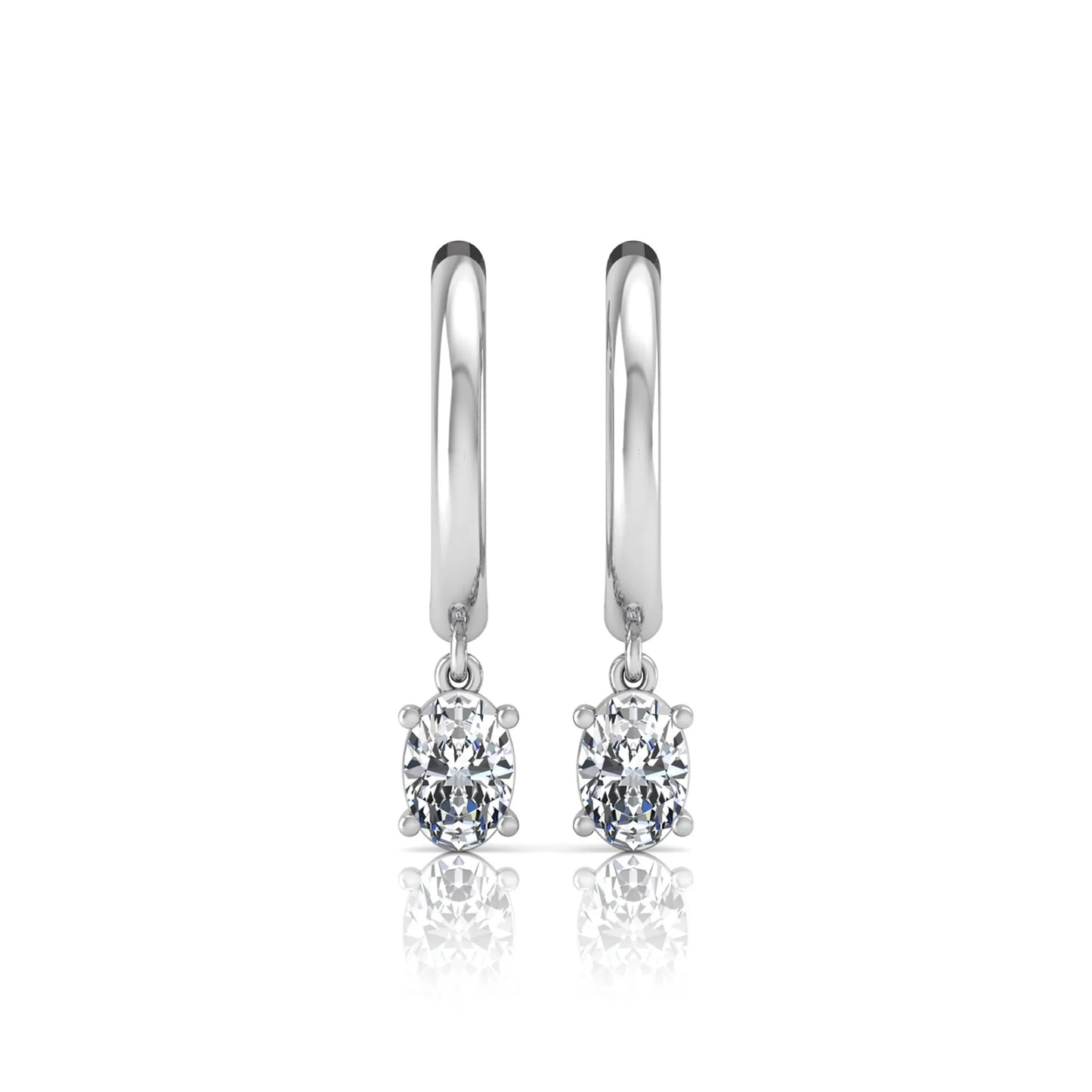 Oval cut lab grown diamond drop huggie hoop earrings featuring a four prong drop setting, hinged snap closure, and polished white gold tone finish.