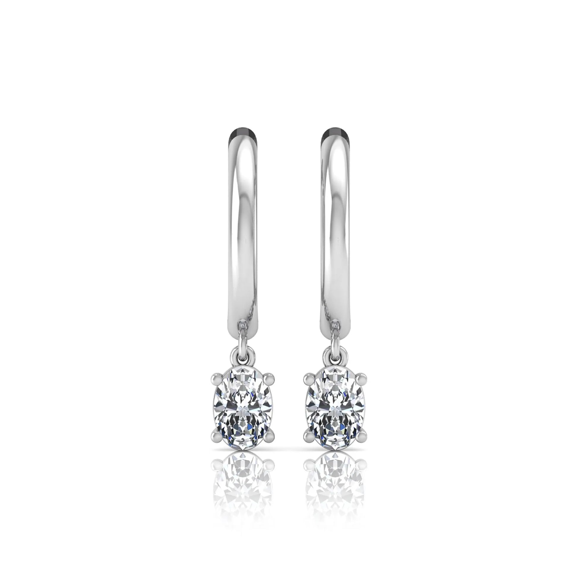 Oval cut lab grown diamond drop huggie hoop earrings featuring a four prong drop setting, hinged snap closure, and polished white gold tone finish.