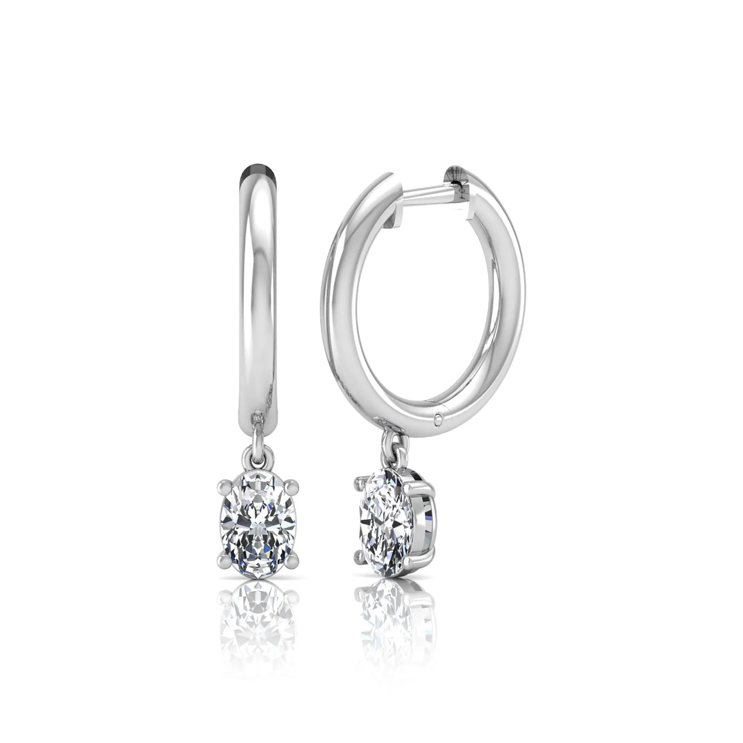 Oval cut lab grown diamond drop huggie hoop earrings featuring a four prong drop setting, hinged snap closure, and polished white gold tone finish.