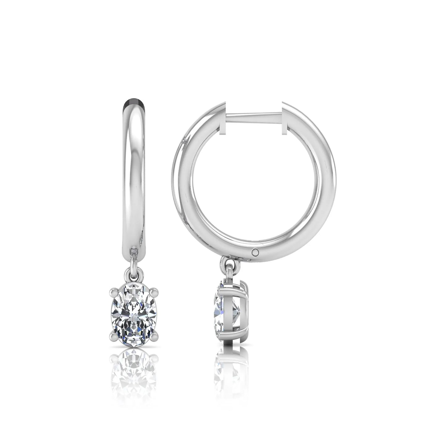 Oval cut lab grown diamond drop huggie hoop earrings featuring a four prong drop setting, hinged snap closure, and polished white gold tone finish.