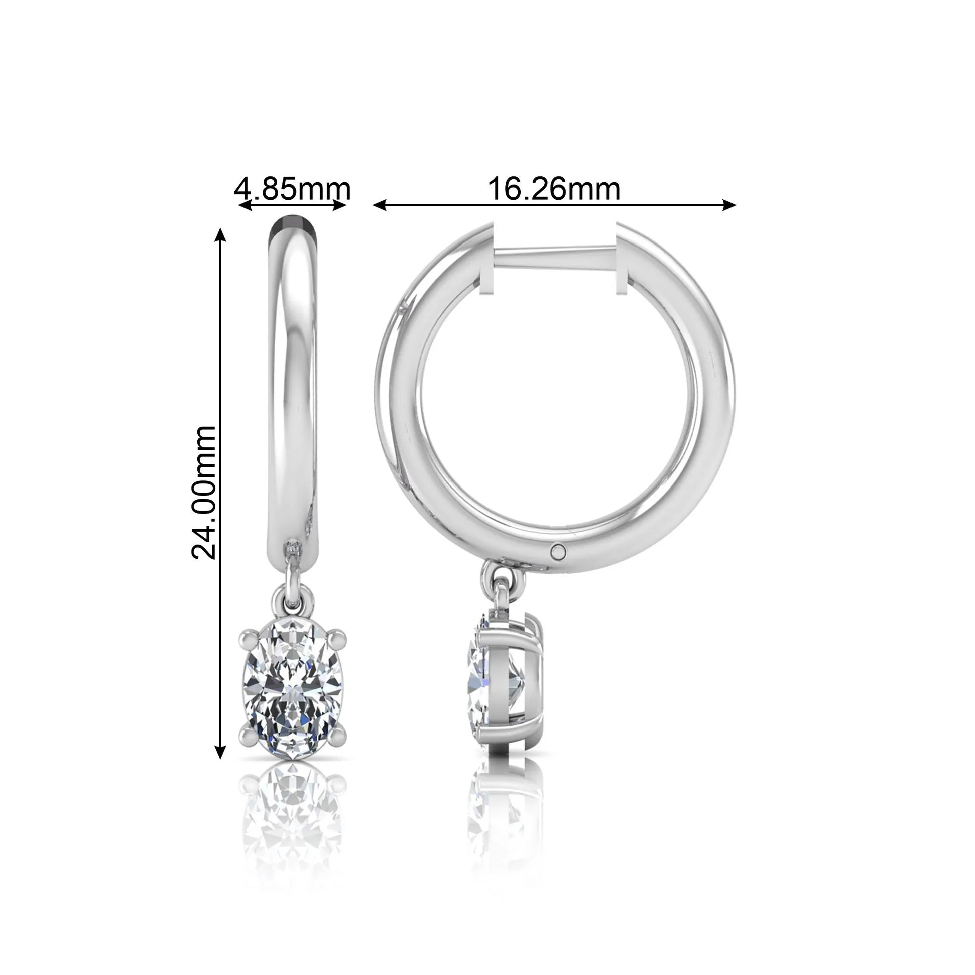 Oval cut lab grown diamond drop huggie hoop earrings featuring a four prong drop setting, hinged snap closure, and polished white gold tone finish.