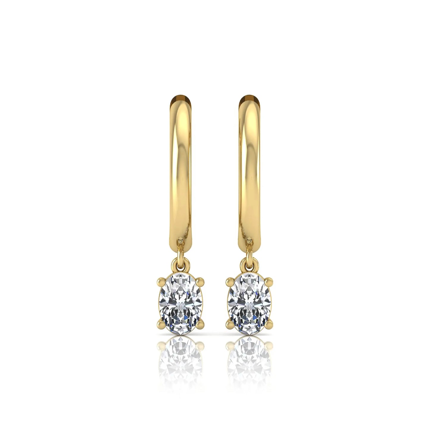 Oval cut lab grown diamond drop huggie hoop earrings featuring a four prong drop setting, hinged snap closure, and polished yellow gold tone finish.