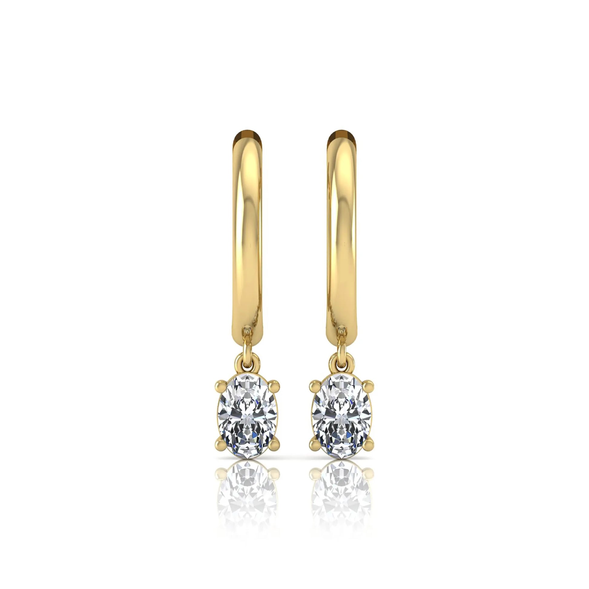 Oval cut lab grown diamond drop huggie hoop earrings featuring a four prong drop setting, hinged snap closure, and polished yellow gold tone finish.
