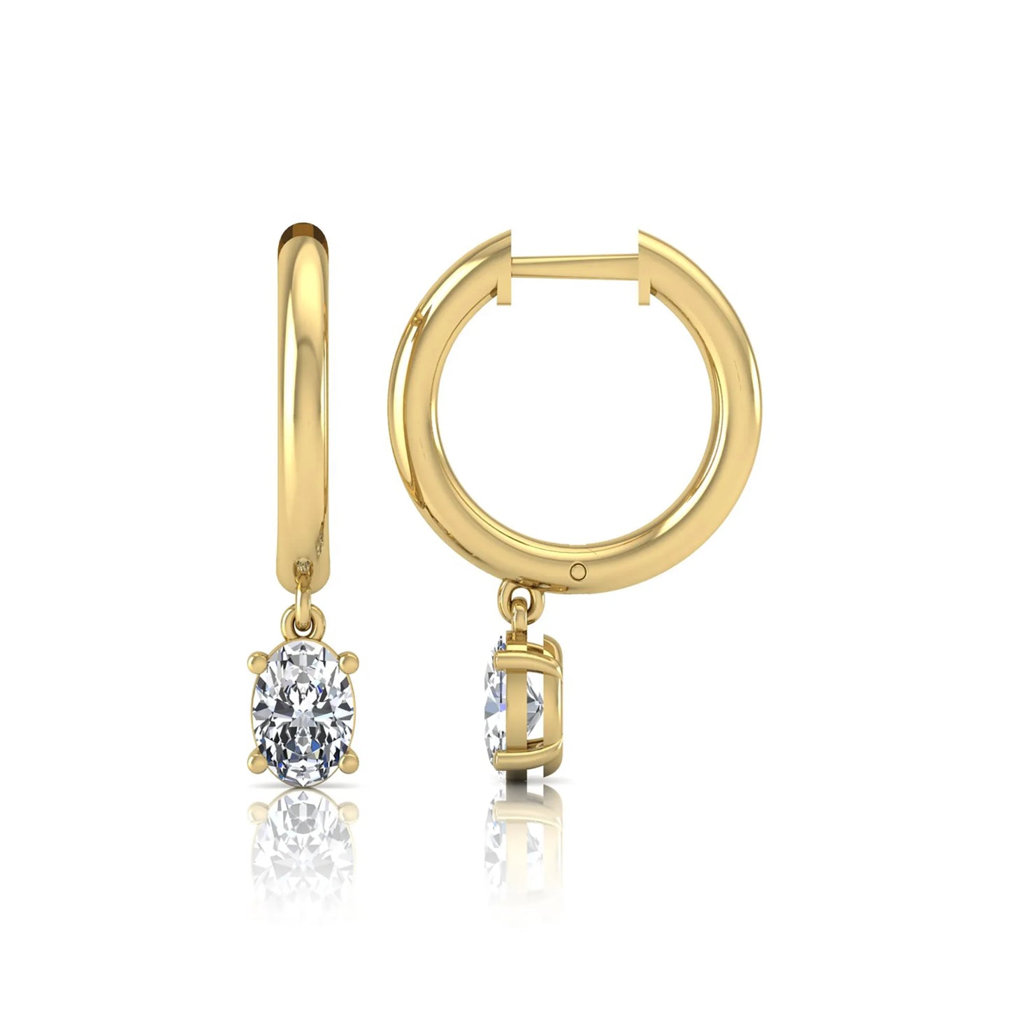 Oval cut lab grown diamond drop huggie hoop earrings featuring a four prong drop setting, hinged snap closure, and polished yellow gold tone finish.