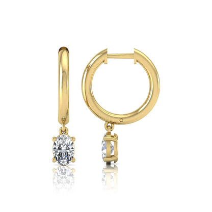 Oval cut lab grown diamond drop huggie hoop earrings featuring a four prong drop setting, hinged snap closure, and polished yellow gold tone finish.